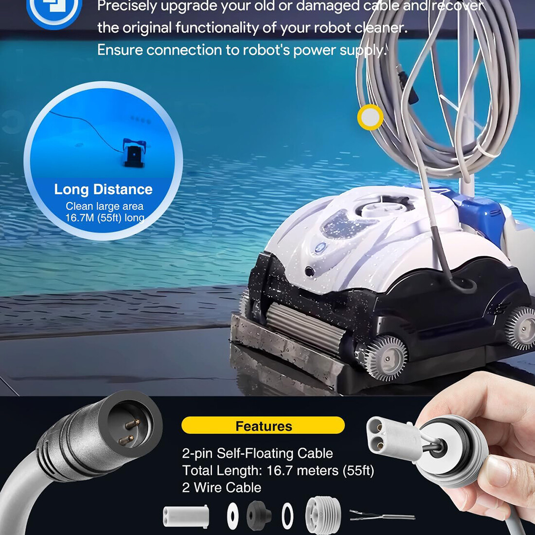 55ft Floating Power Cord RCX50061 for Tigershark Tiger shark QC Robotic Cleaner
