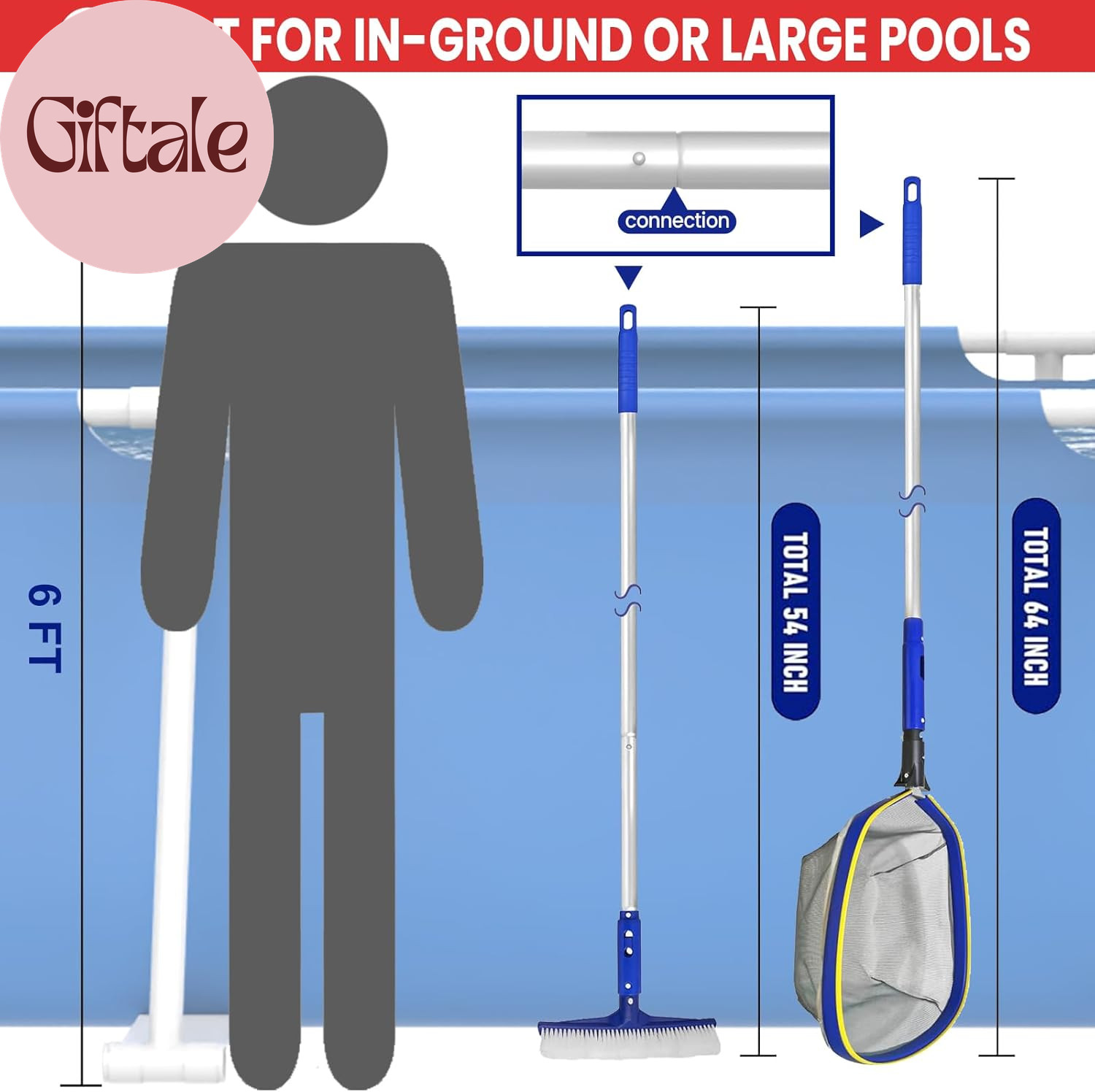 Swimming Pool Cleaning Kit, 14 » Brush Head & 50 » Telescopic Aluminum Pole with