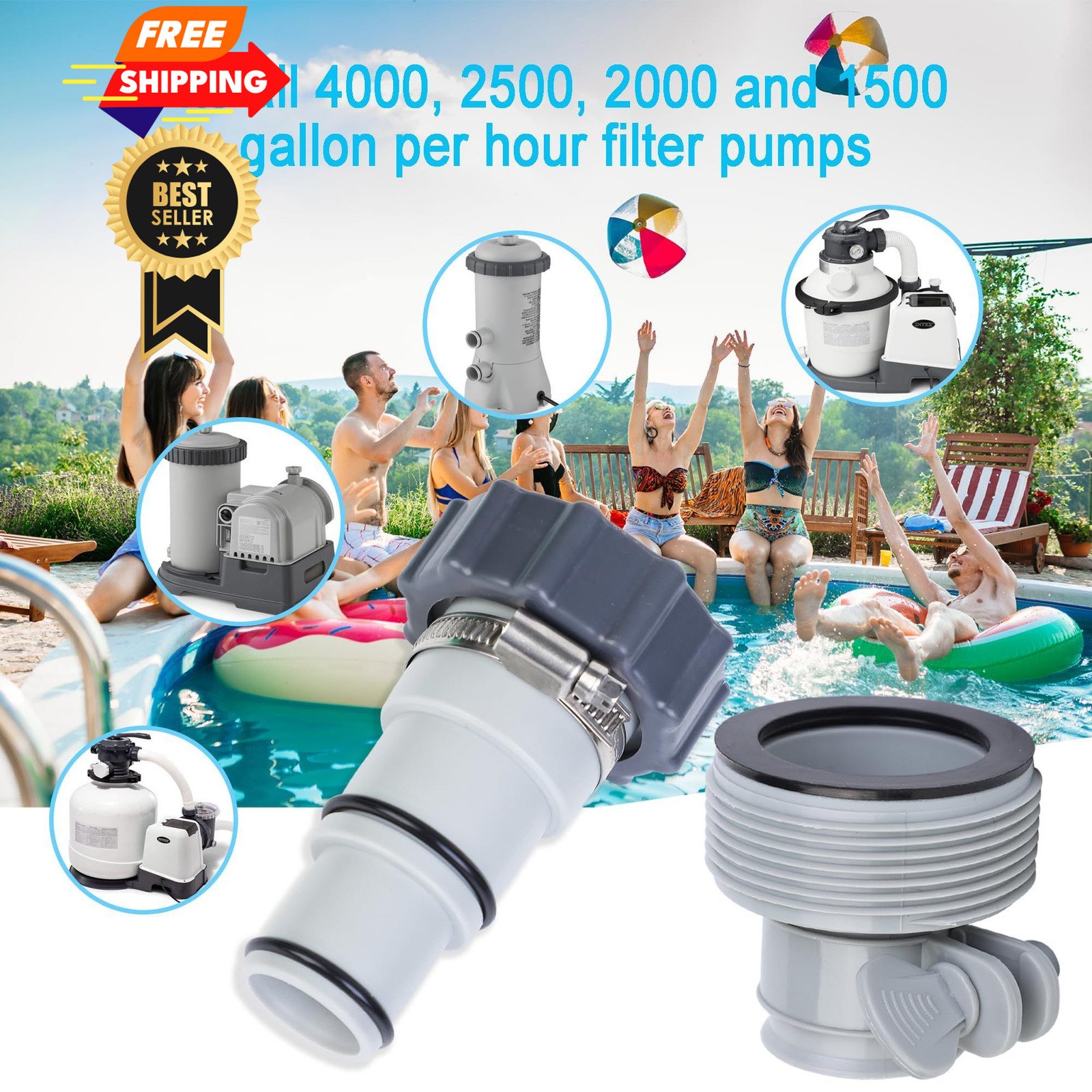 4 Pack Pool Hose Adapter with Clamp Washer 2 Types 1.5 inches, Gray