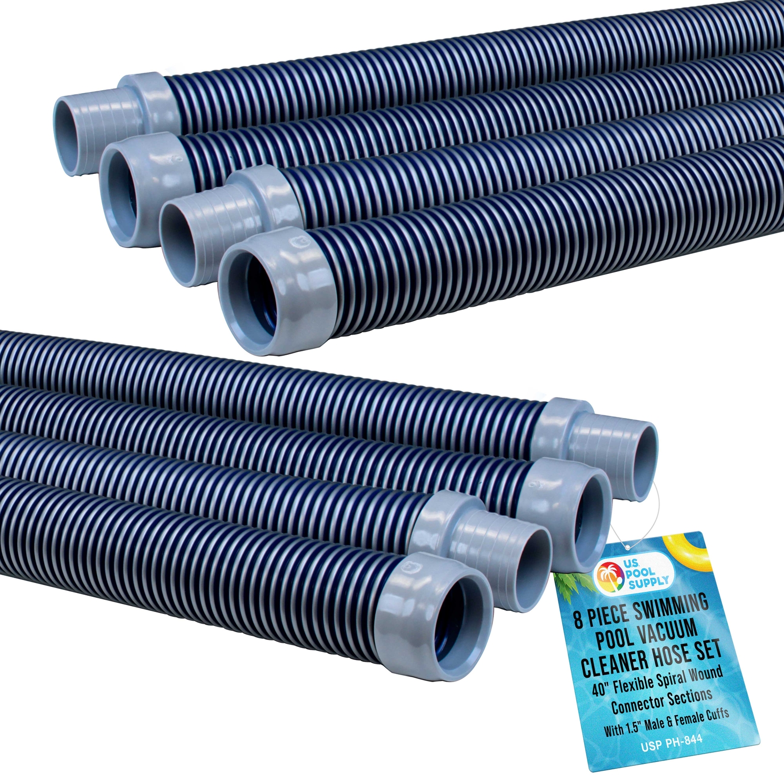 8 Piece Swimming Pool Vacuum Cleaner Hose Set, Blue & Gray 40&Prime; Flexible Sections
