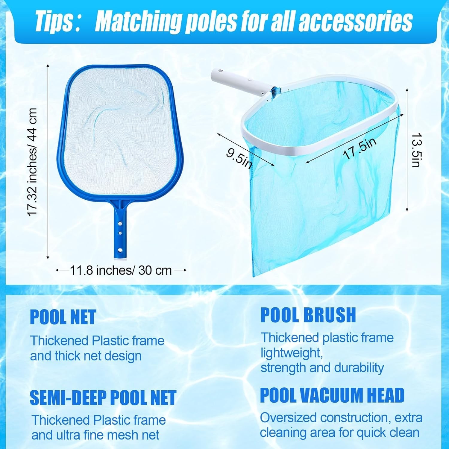 Pool Cleaning Kit 5 Pieces with Aluminum Telescopic Pole, Brush, Skimmer Net,…