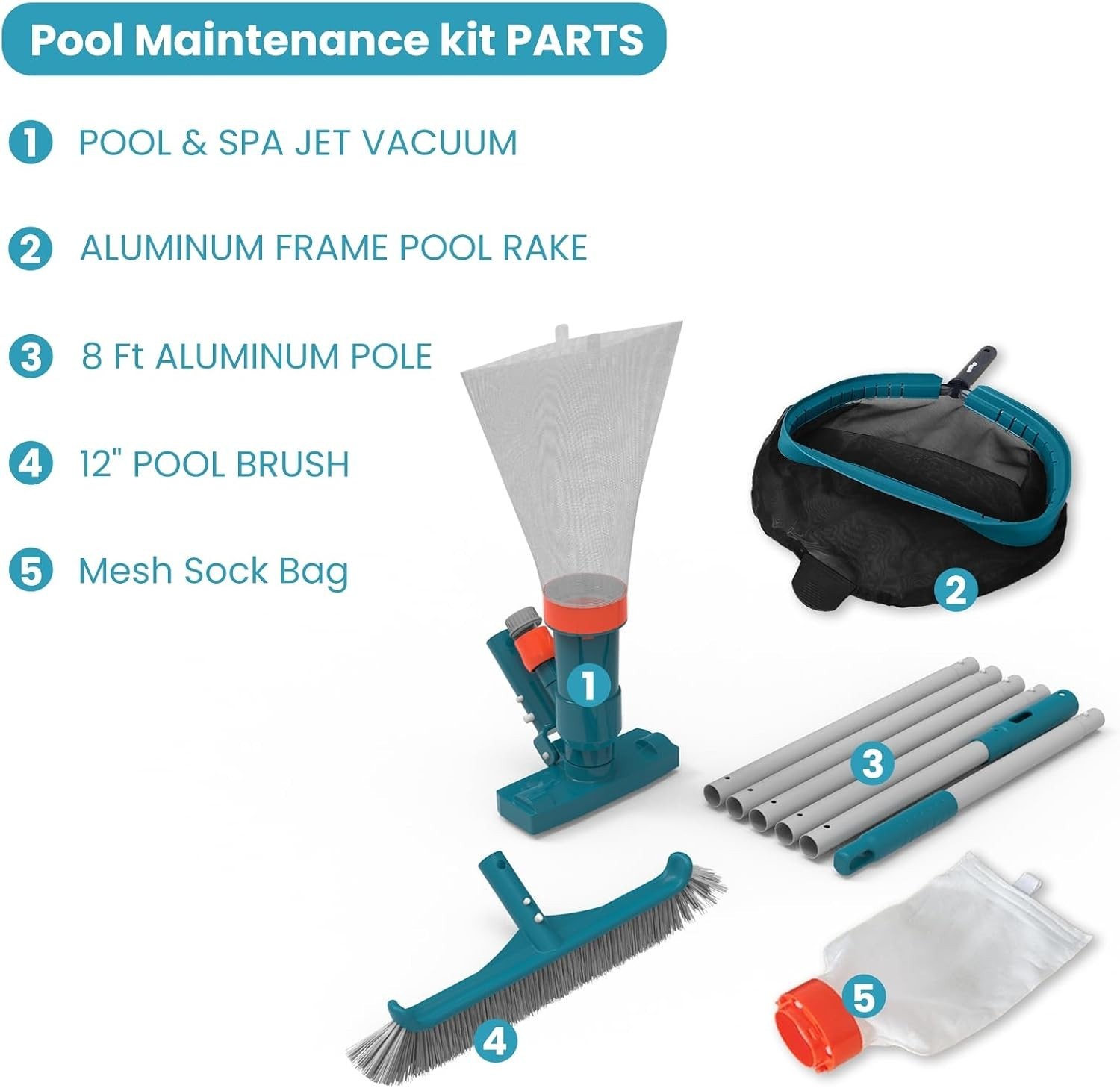 8FT Adjustable Pool Cleaning Kit – Vacuum, Skimmer Rake, and Wall Brush Included