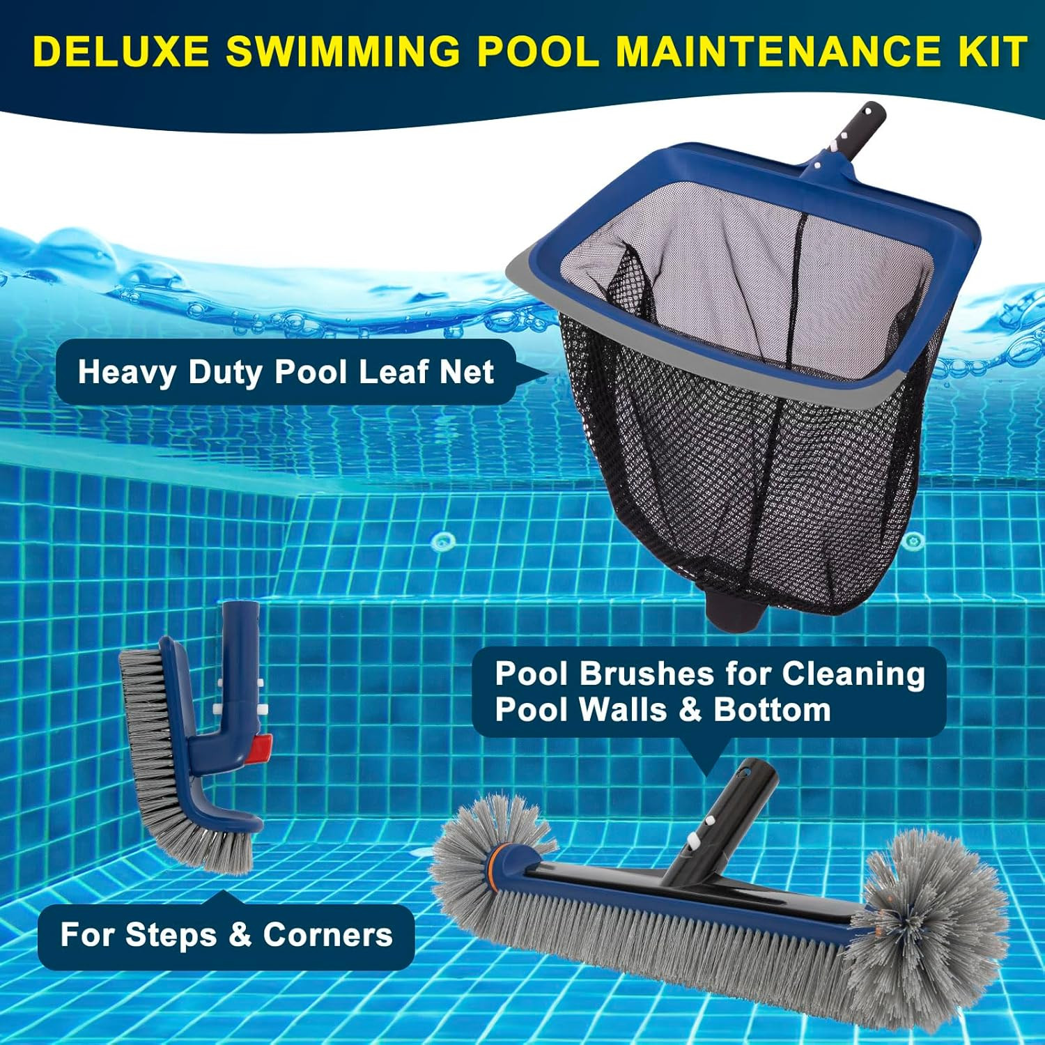 Deluxe Swimming Pool Cleaning Kit Including Pool Skimmer Net with Rubber Edge, 1