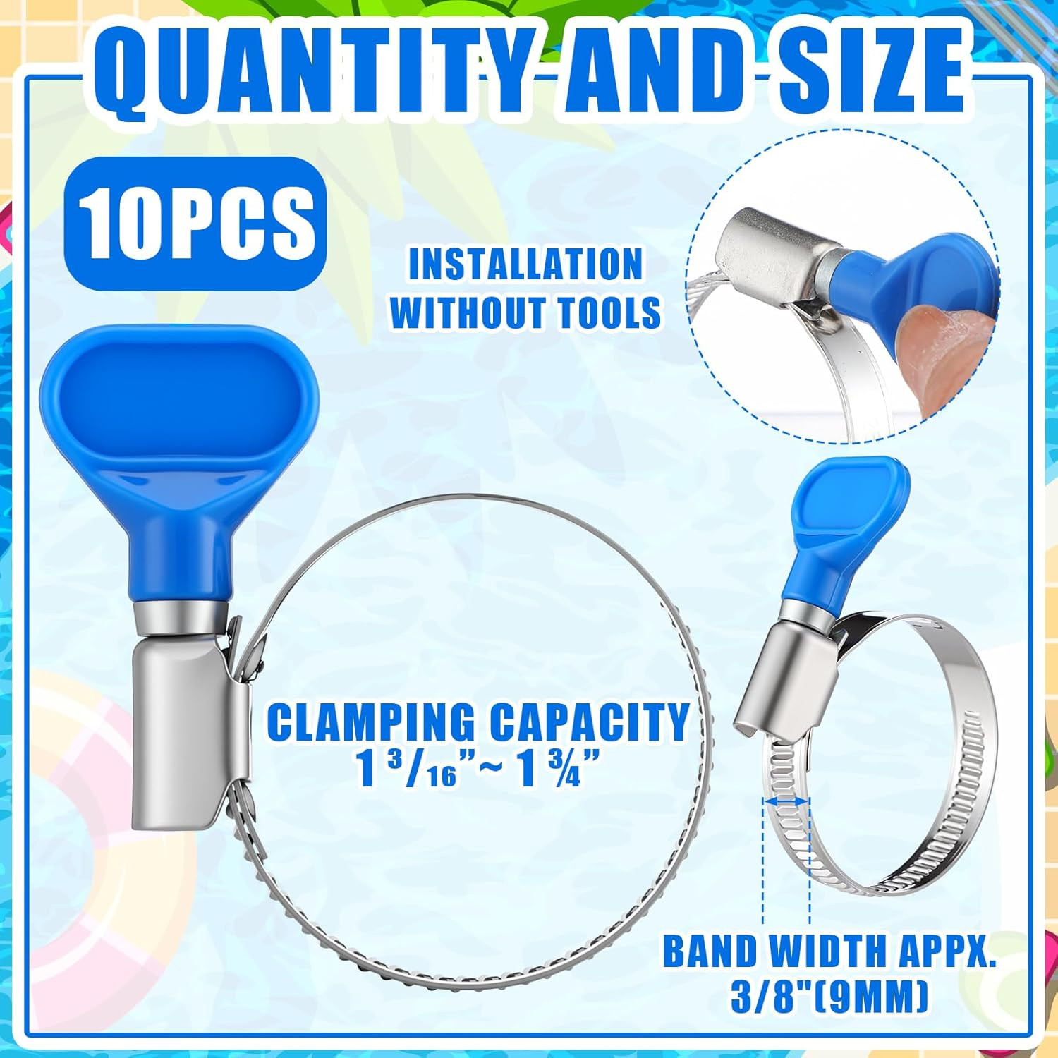 10 Pcs 1-1/2 Inch Pool Backwash Hose Clamp Adjustable Worm Gear Stainless Steel