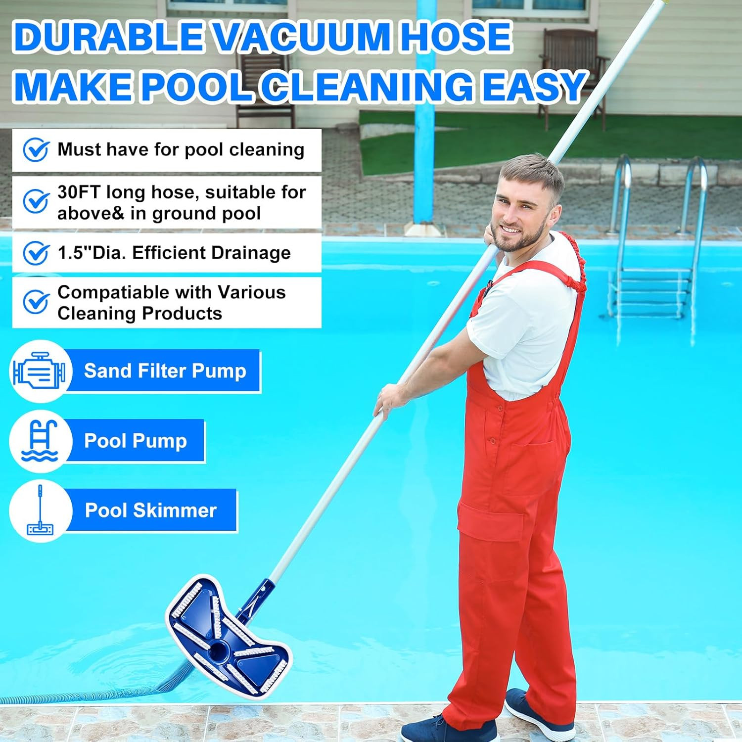 3 Pcs Pool Cleaning Kit 11.8&Prime; Vacuum Head with Flexible Wheels, 1-1/2 X 18Ft Hos