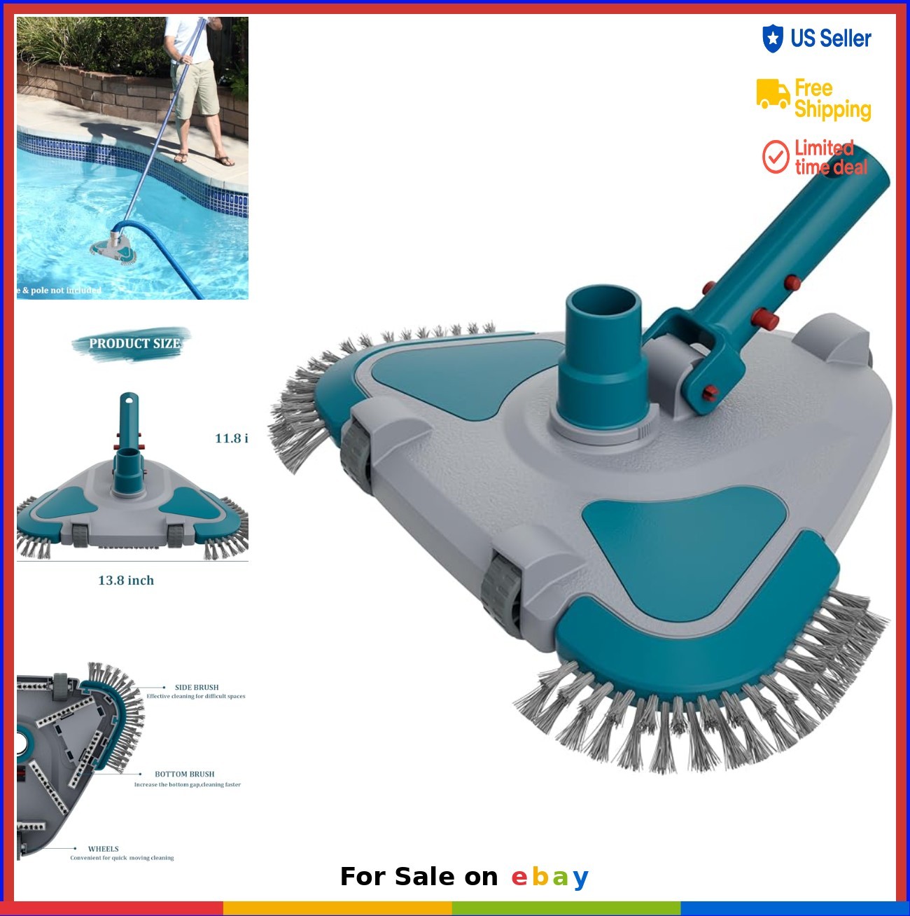 Pool Vacuum Head 13×10 Inch Triangle Weighted Swivel Hose EZ Clip Handle For