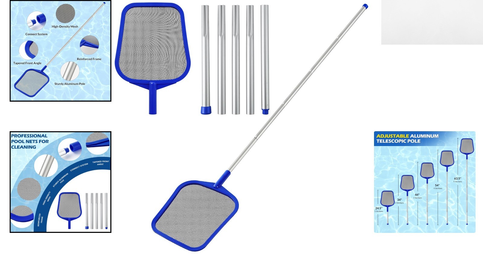 Durable Aluminum Pool Skimmer Net – Telescopic Pole 23 » to 60 » for All Pools