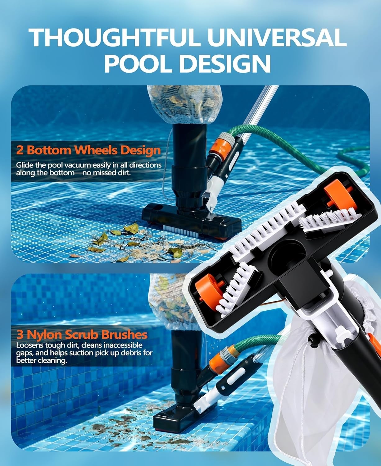 Handheld Pool Vacuum Above Ground Pool Floor Cleaner with Pole Brush