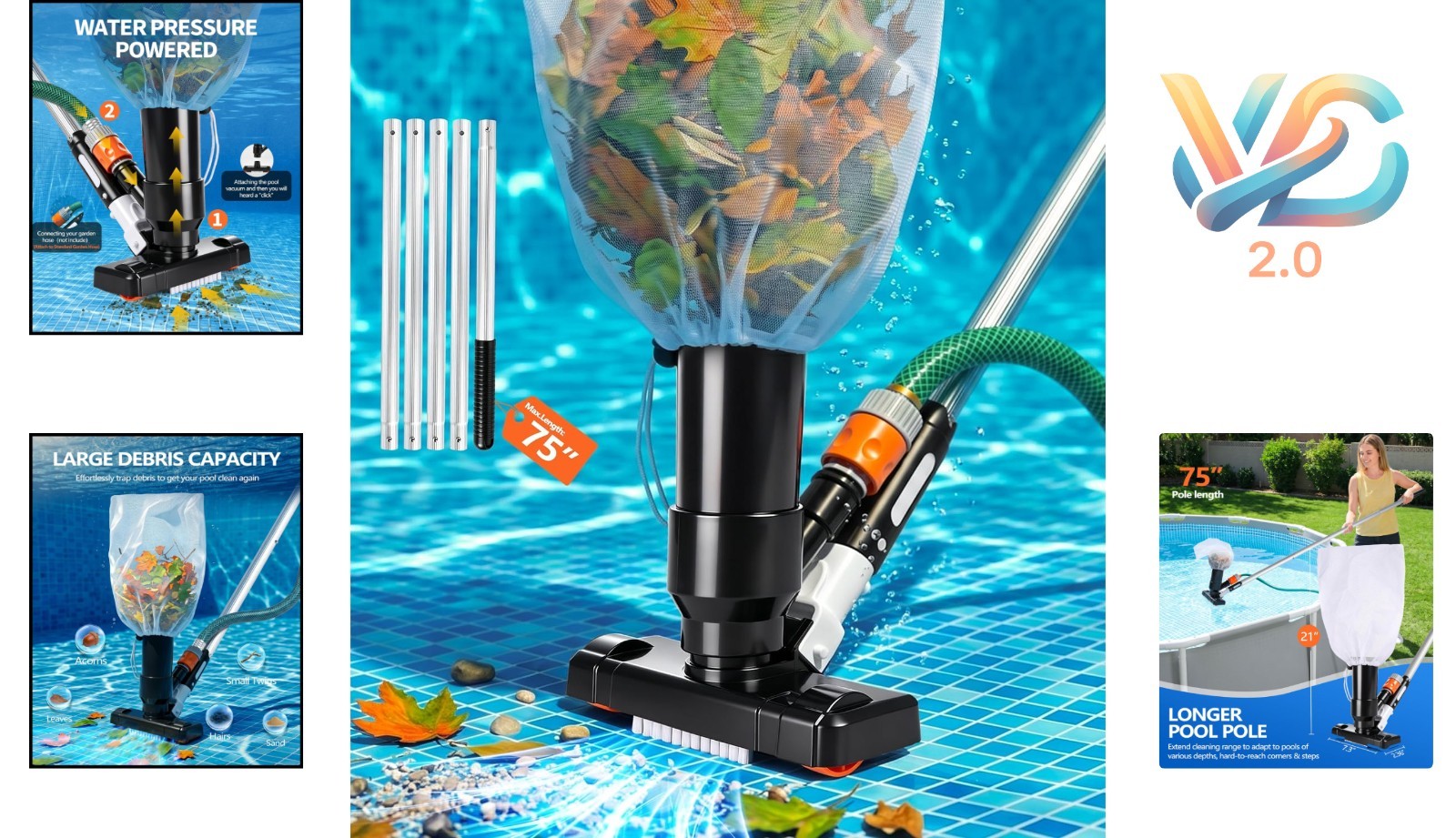 Handheld Pool Vacuum Above Ground Pool Floor Cleaner with Pole Brush