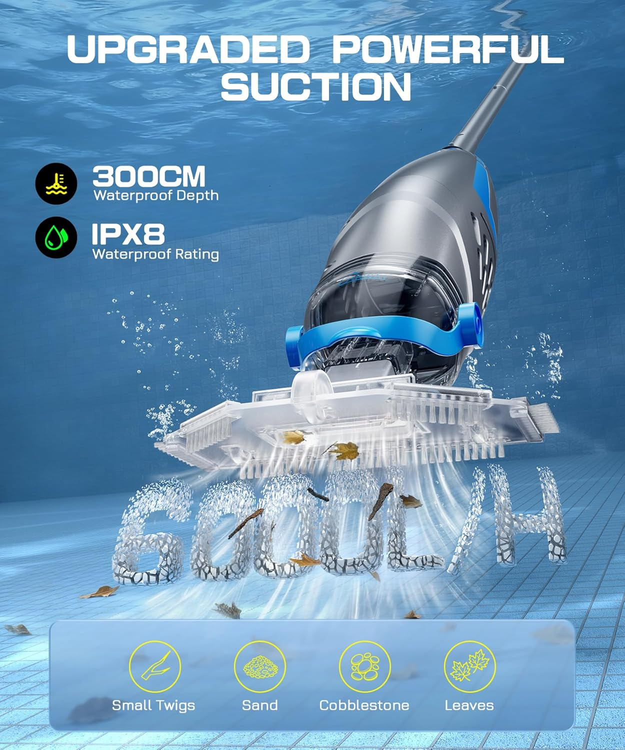 Cordless Pool Vacuum w/4 Filter Bags 26.5GPM Rechargeable Cleaner w/ Heads