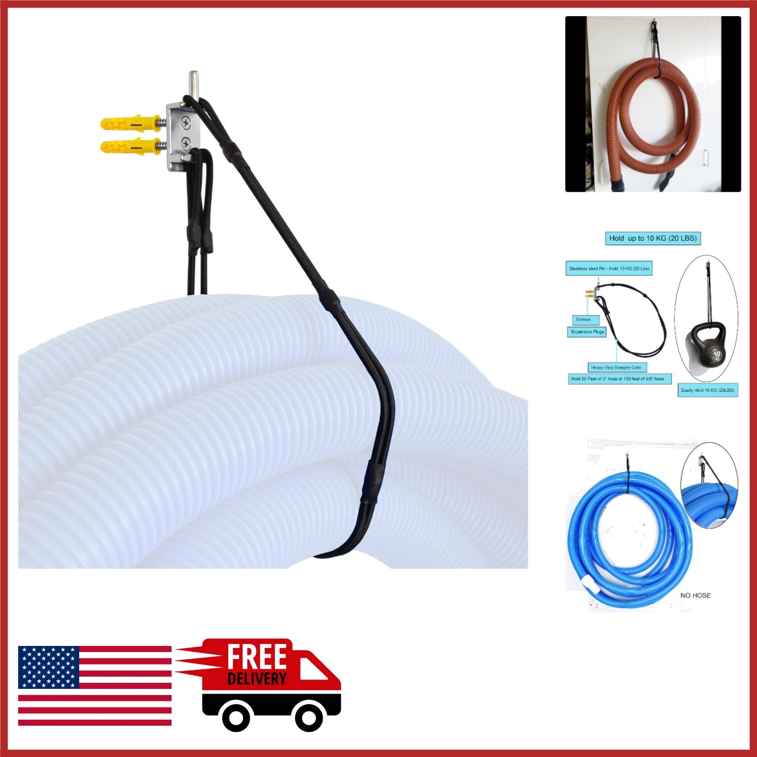 50 Feet Pool Vacuum Hose Hanger Hook with Stainless Steel and Bungee Cord
