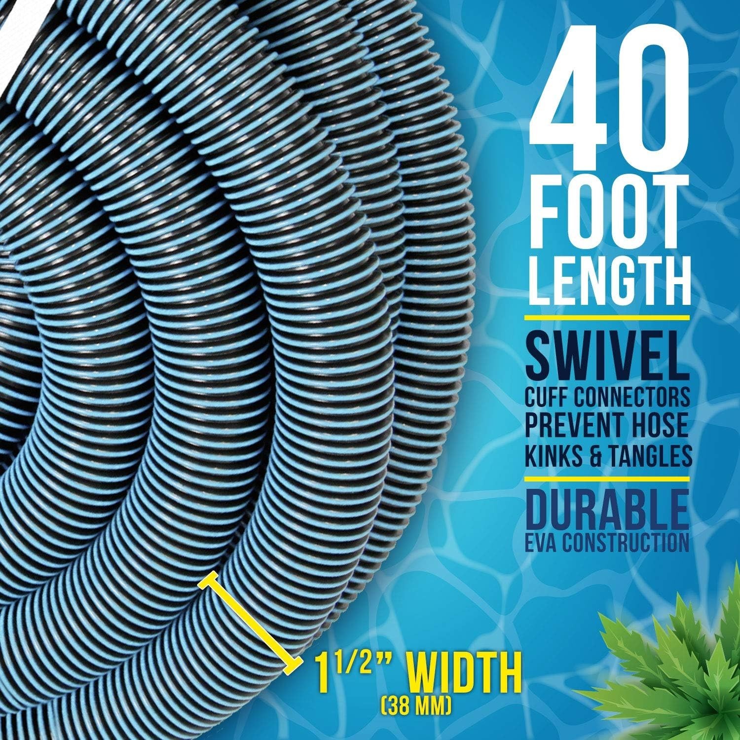 Professional 1-1/2&Prime; x 40&prime; Heavy Duty Pool Vacuum Hose with Kink-Free Design