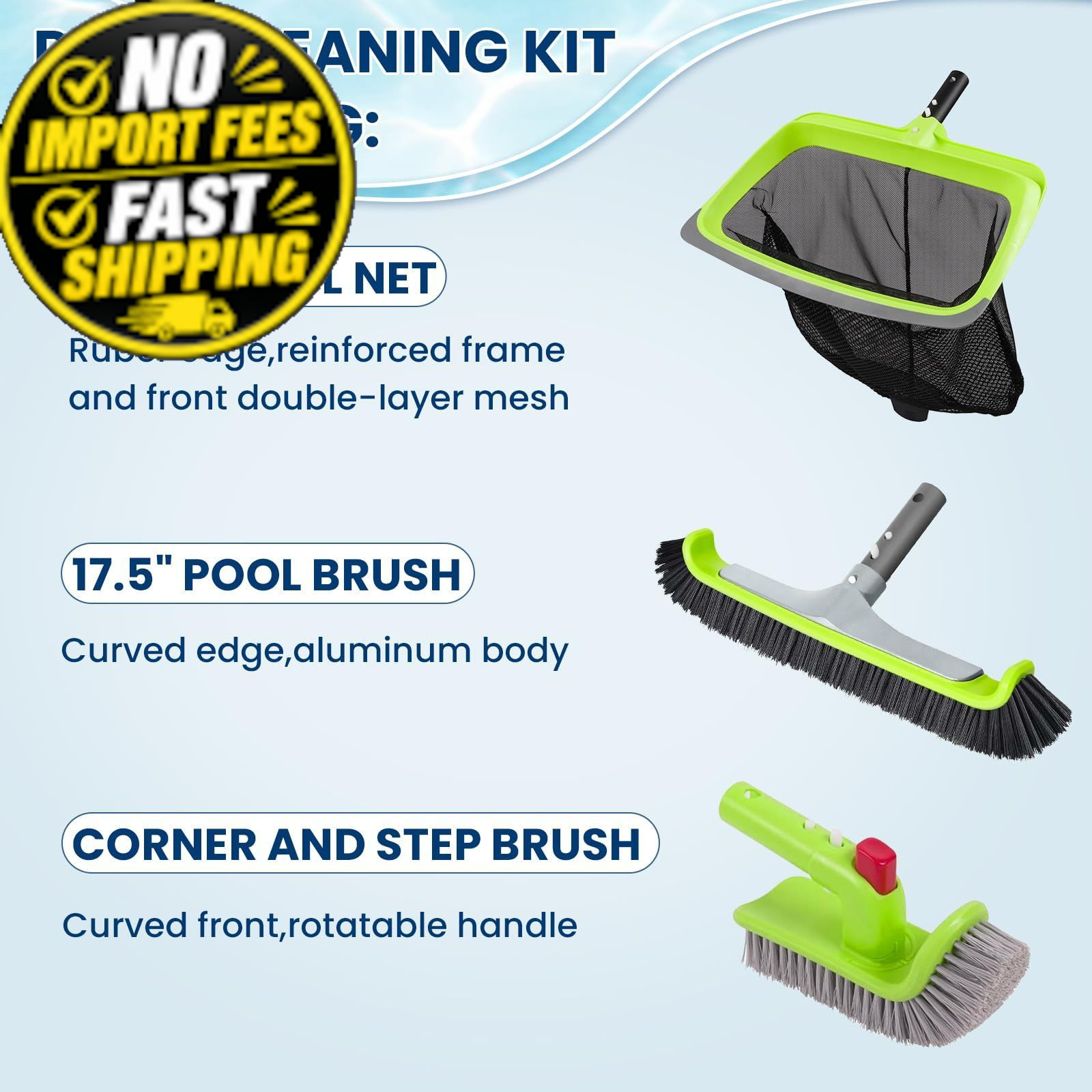 Sepetrel 3-Piece Pool Cleaning Kit (No Pole), 17.5&Prime; Aluminum Wall Green