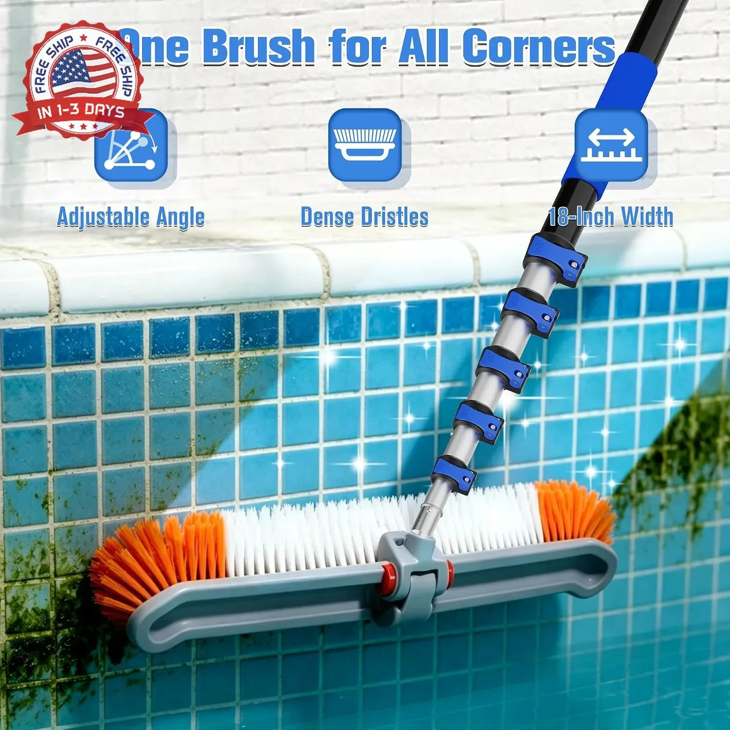 Pool Brush with 5-20FT Telescopic Pole, 18&Prime; Swimming Pool Cleaning Brush, Flip &