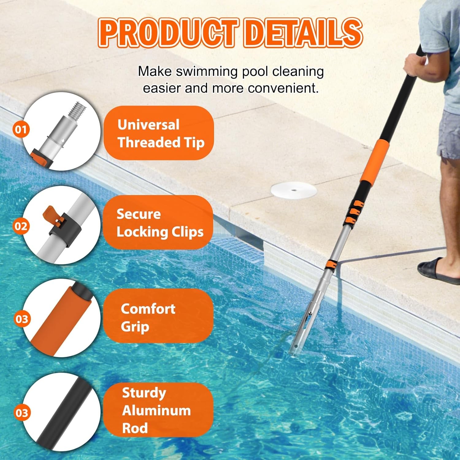 20FT Telescopic Pool Pole, Heavy Duty Swimming Pool Pole Adjustable Length, Alum