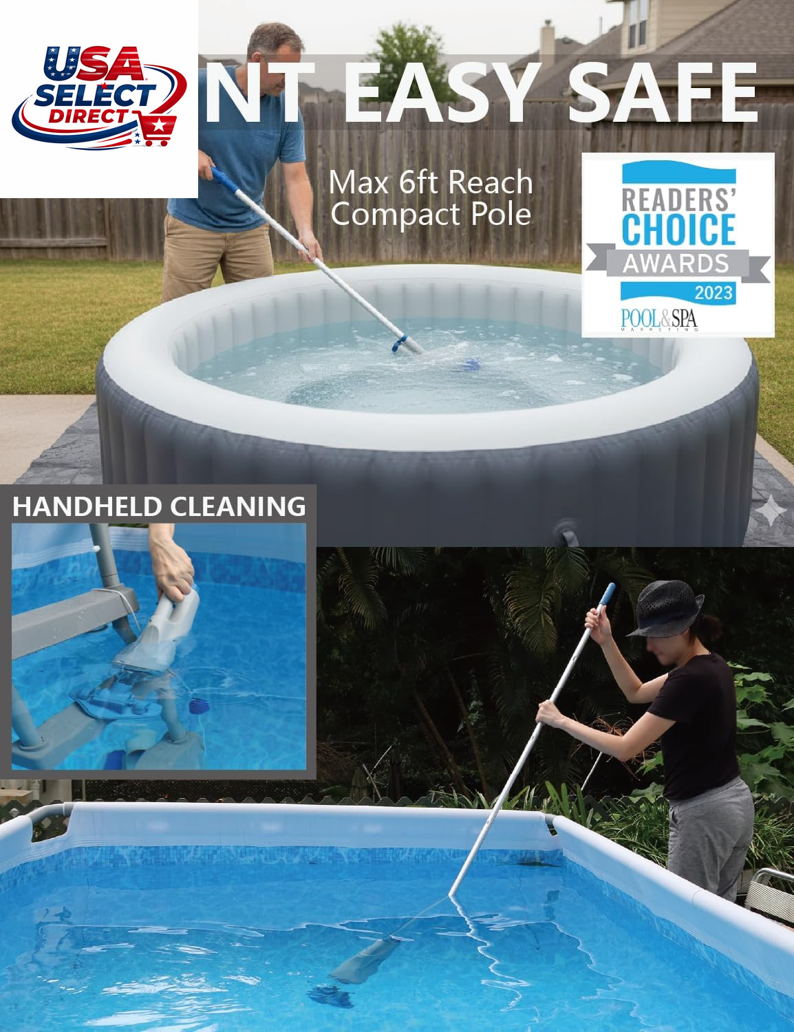 Cordless Handheld Pool Vacuum with 6Ft Pole & 2 Brush Heads