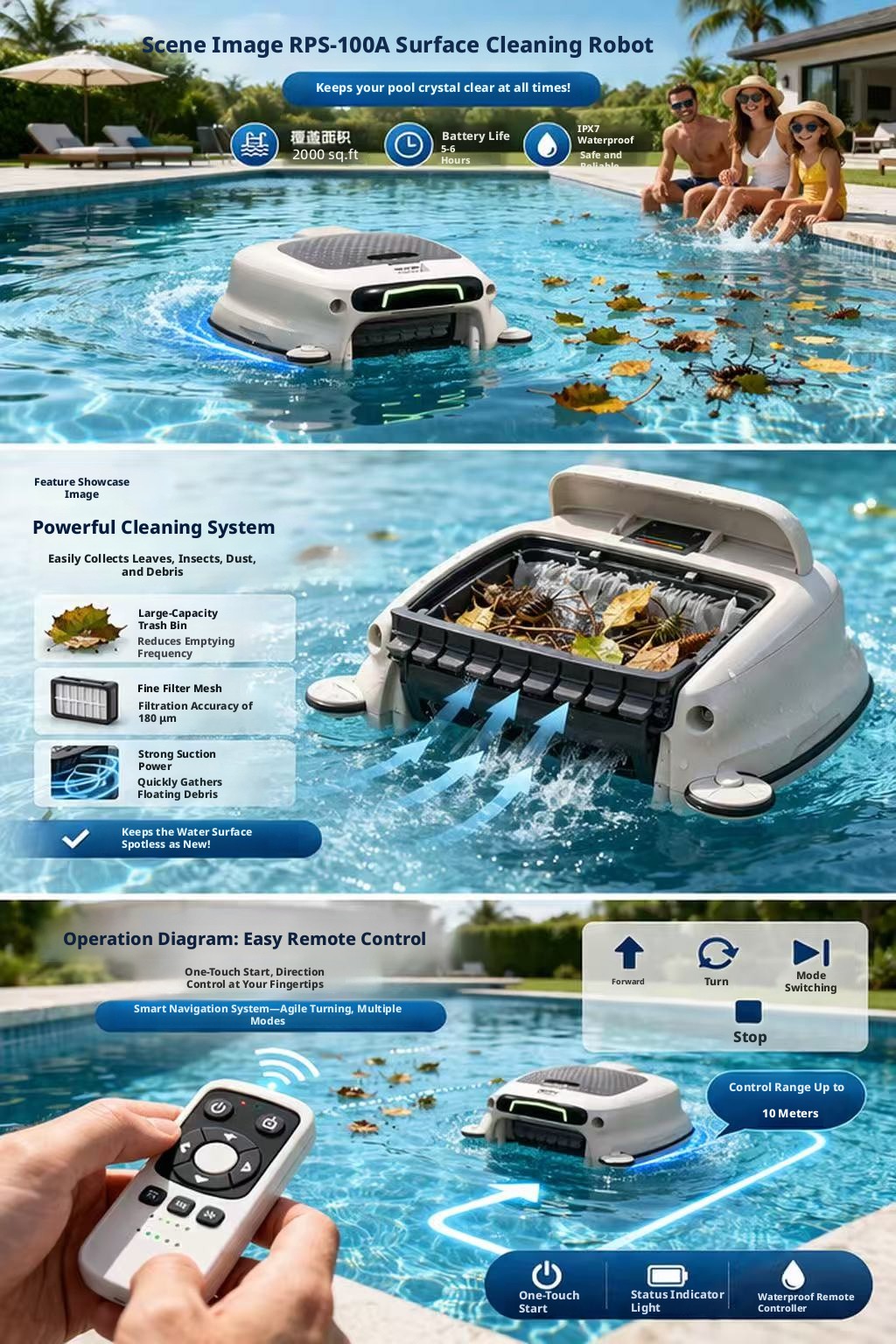 Pool Surface Skimmer Robot Automatic Pool Cleaner 2000sq.ft IPX7 Cordless Remote