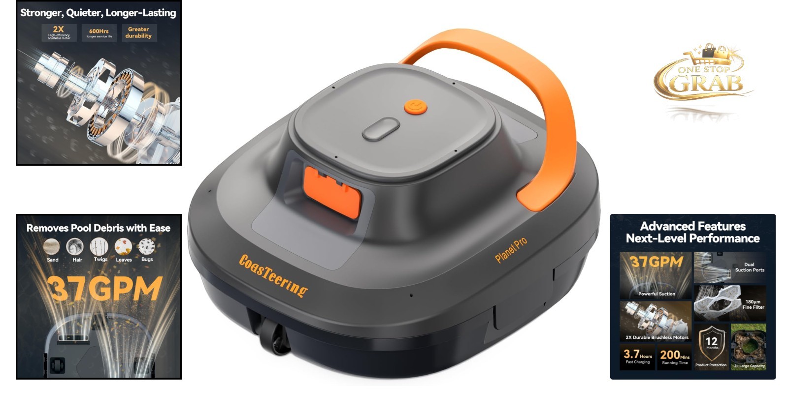 Planet Pro Cordless Robotic Pool Cleaner 200 Min Runtime Dual Brushless Motors