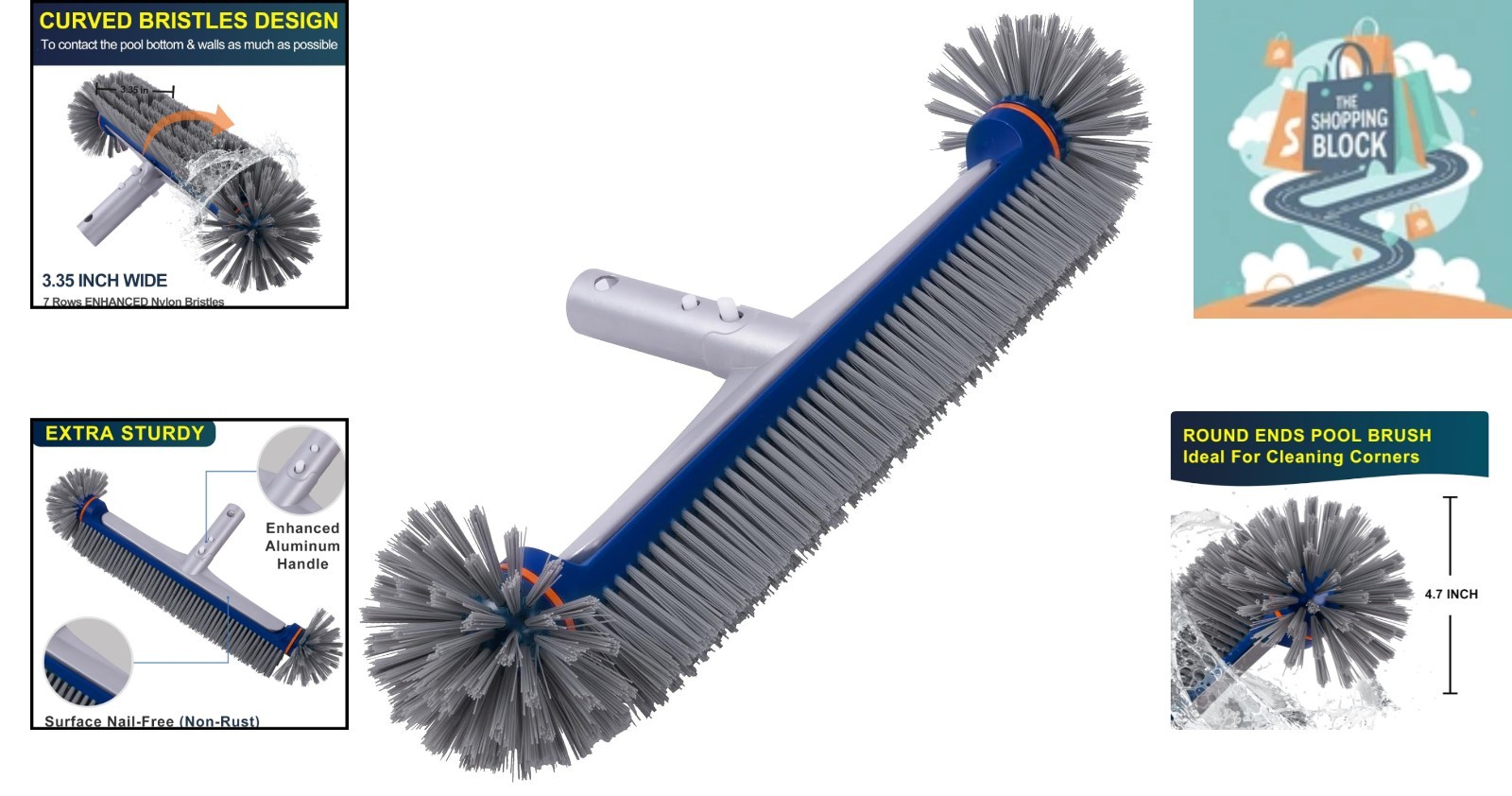 17.5&Prime; Heavy Duty Blue Pool Brush with Aluminum Handle for Inground & Above Gr…