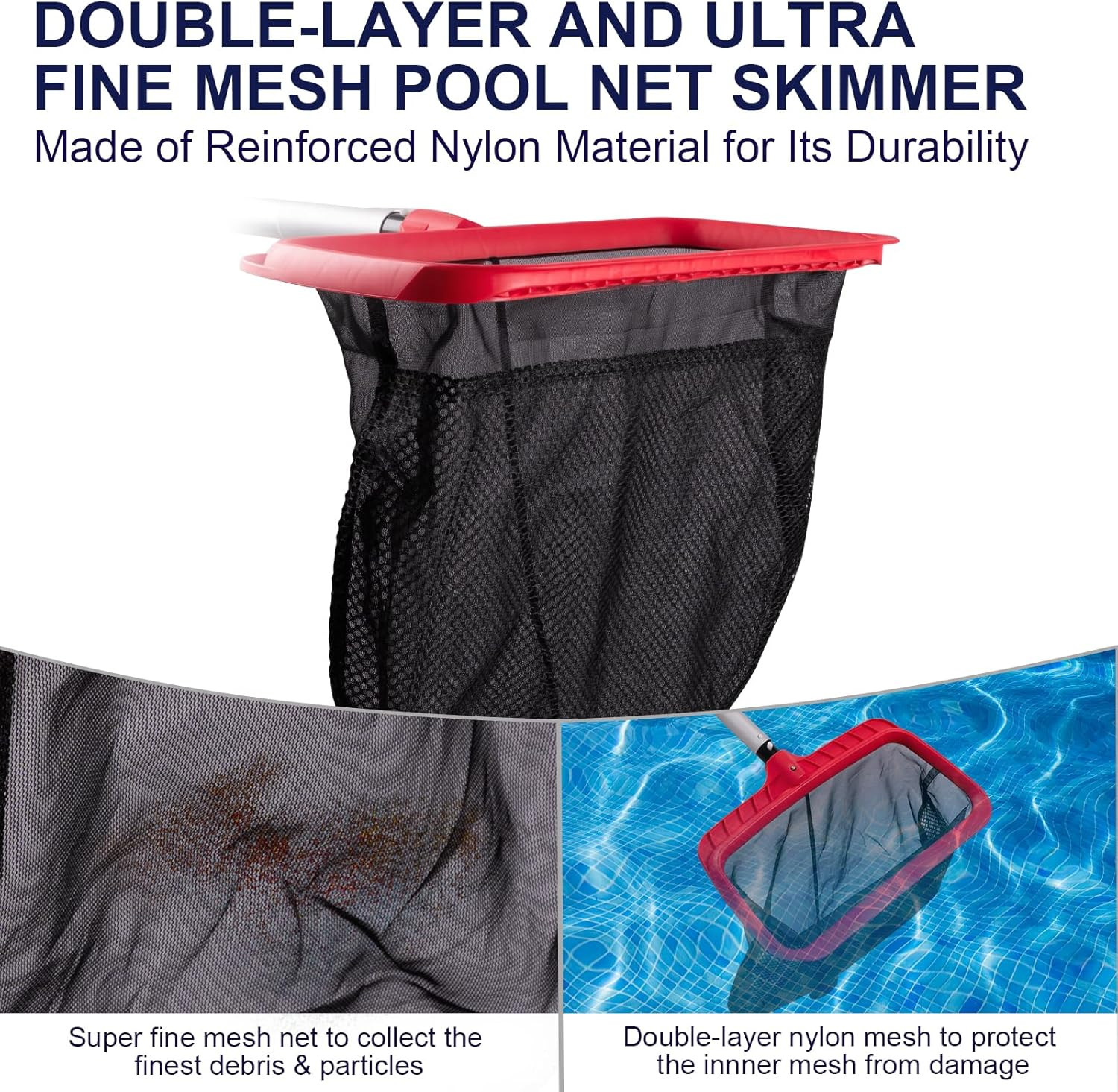 Pool Skimmer Net, Upgraded Pool Net Skimmer with Double-Layer Netting Bag, Large