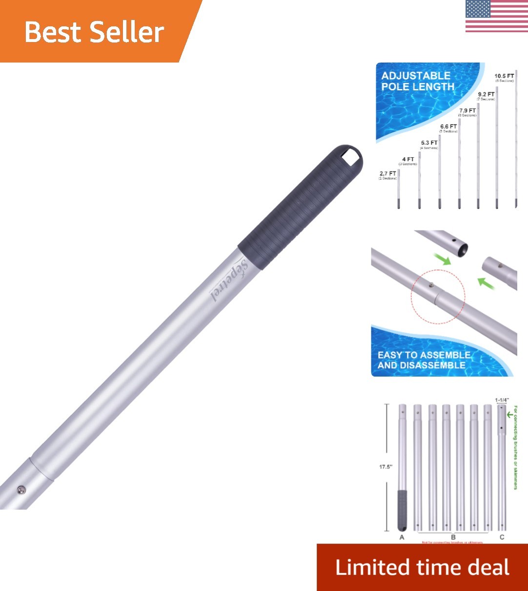 Rust-Resistant 10.5 Foot Pool Cleaning Pole – Compact & Universal Fit