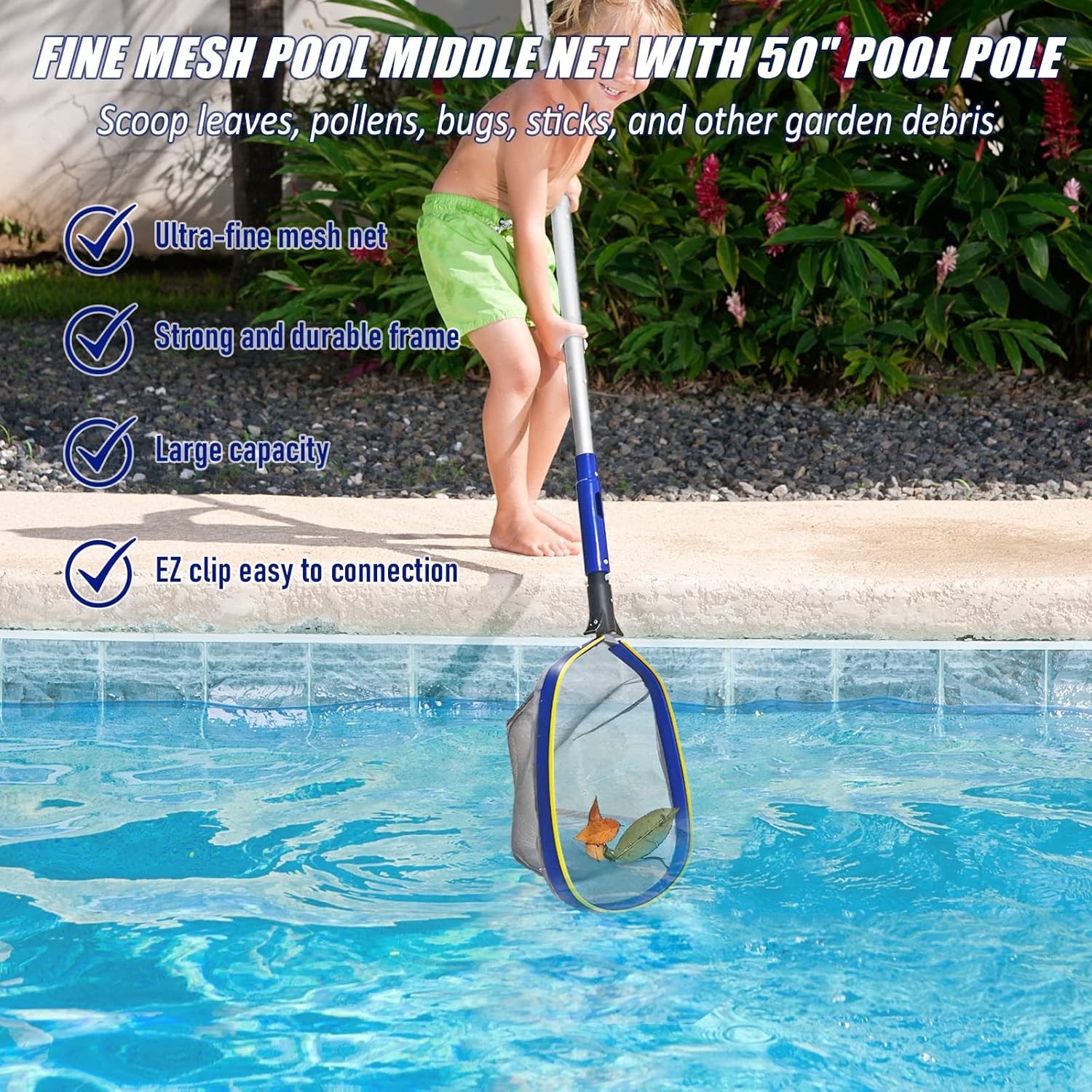 14&Prime; Pool Cleaning Kit with Telescopic Pole & Fine Mesh Skimmer for Above Grou…