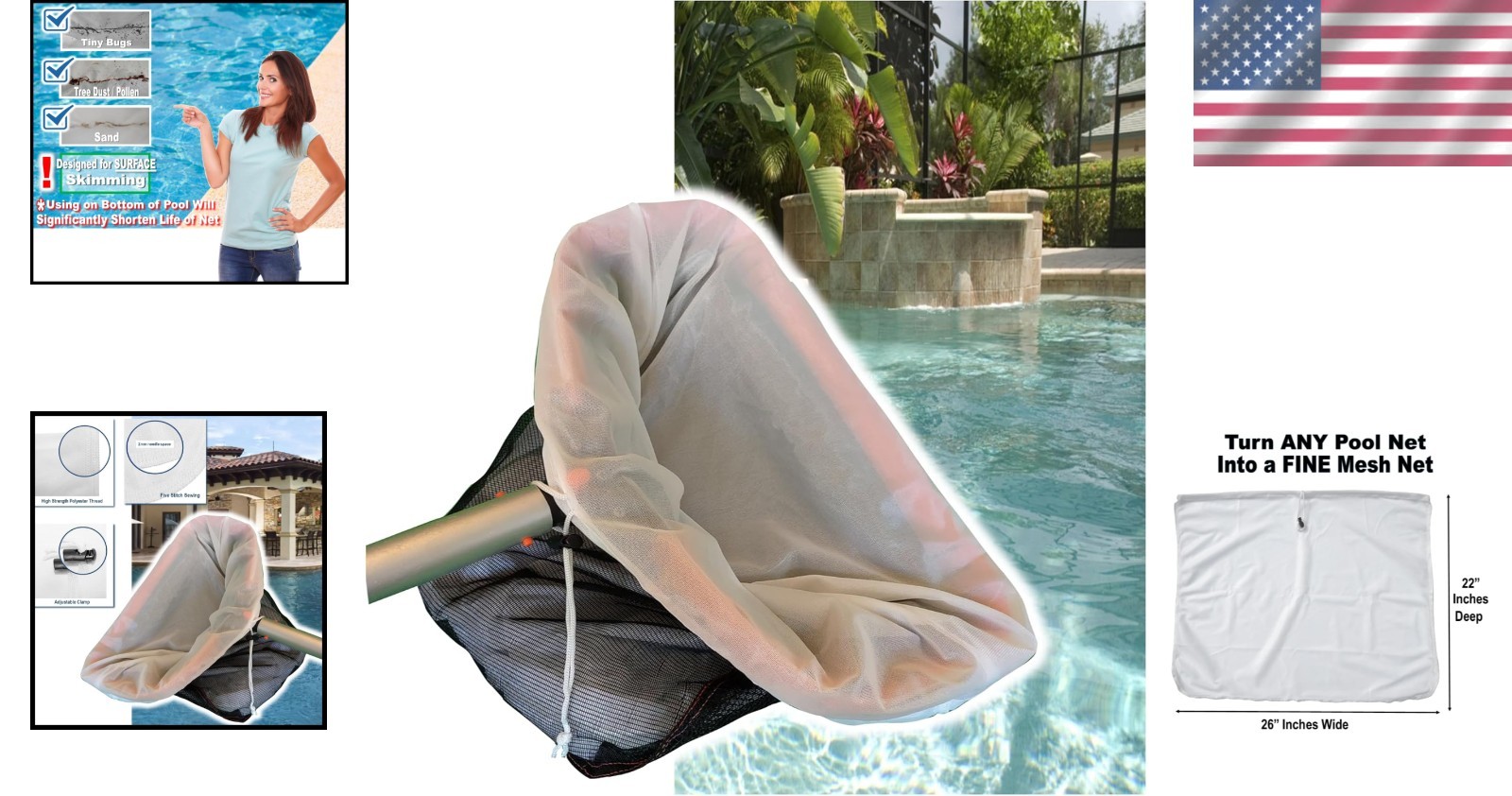 Durable Fine Mesh Pool Net Insert Transforms Any Deep Skimmer for Easy Cleaning