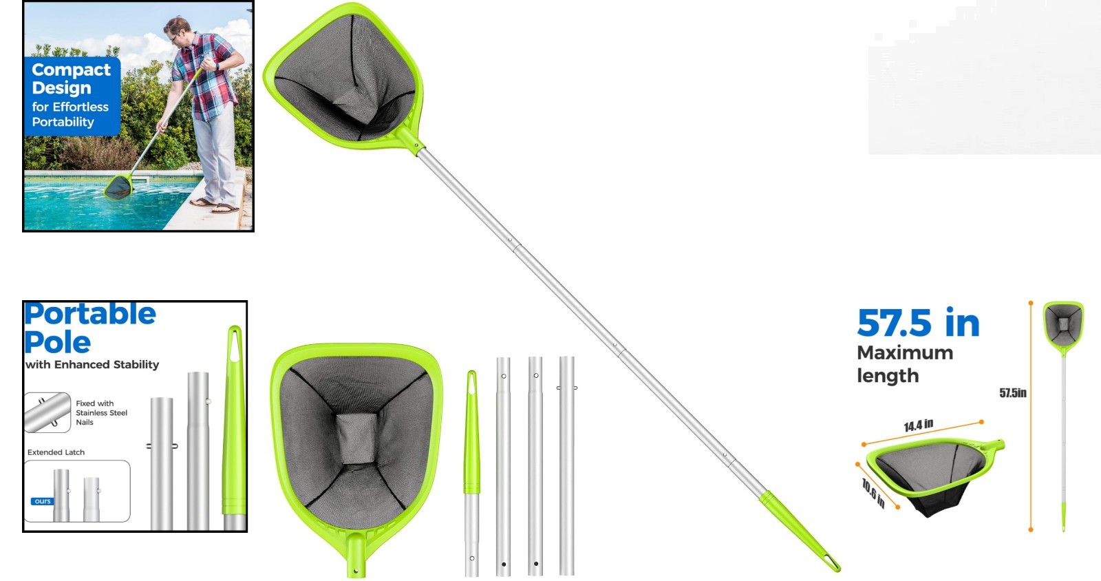 57-Inch Pool Skimmer Net with Telescopic 4-Section Pole – Ultimate Cleaning Tool