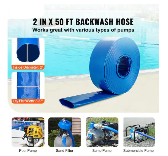Blue Torrent 2&Prime; Premium Backwash Hose w/Clamp, Heavy Duty LayFlat Discharge Hose