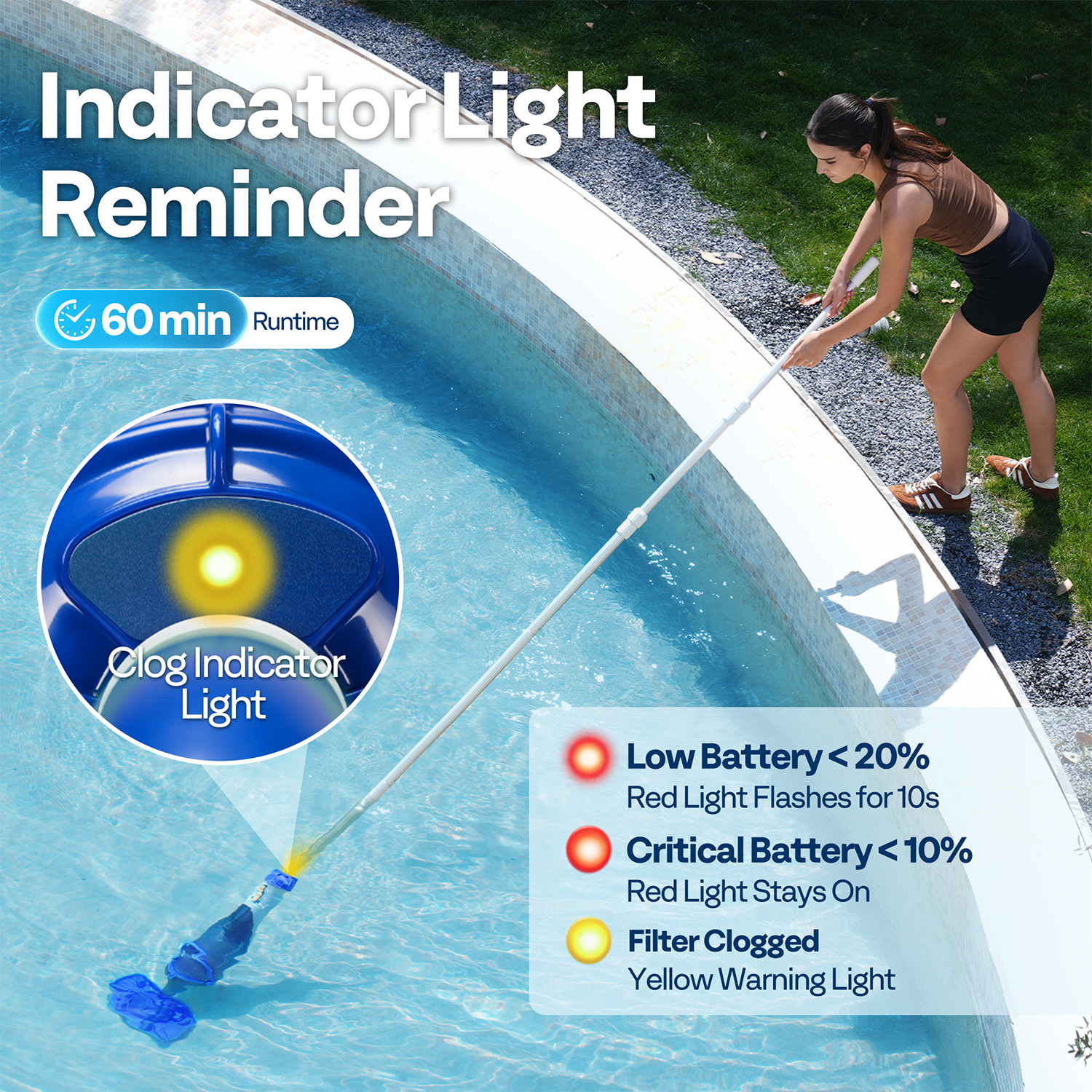 Cordless Pool Vacuum with Telescopic & Extension Poles 9.12ft, 18.5 GPM Suction