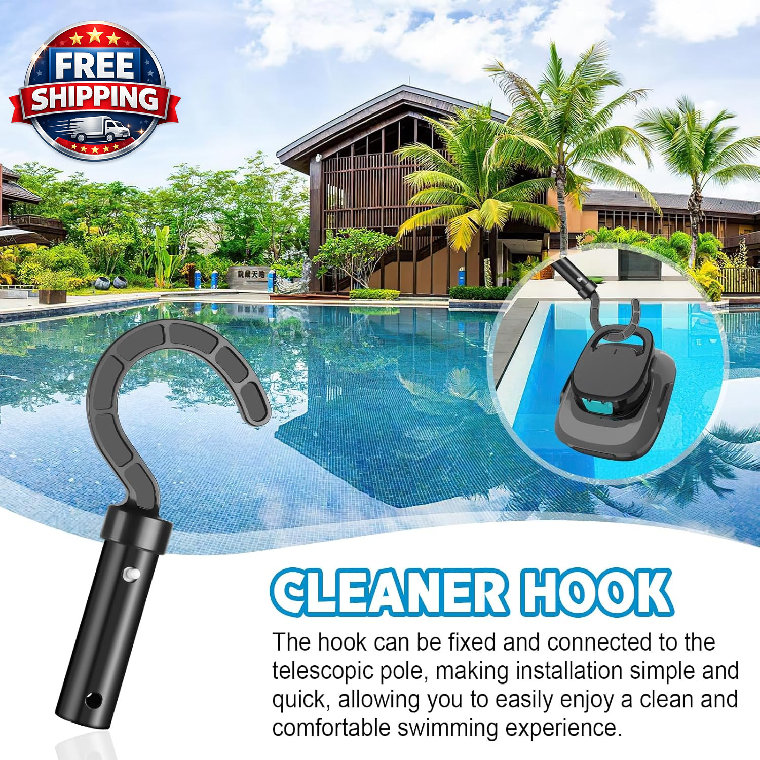 Hook for Robotic Pool Cleaner, Attaches to Telescopic Poles for above Ground and