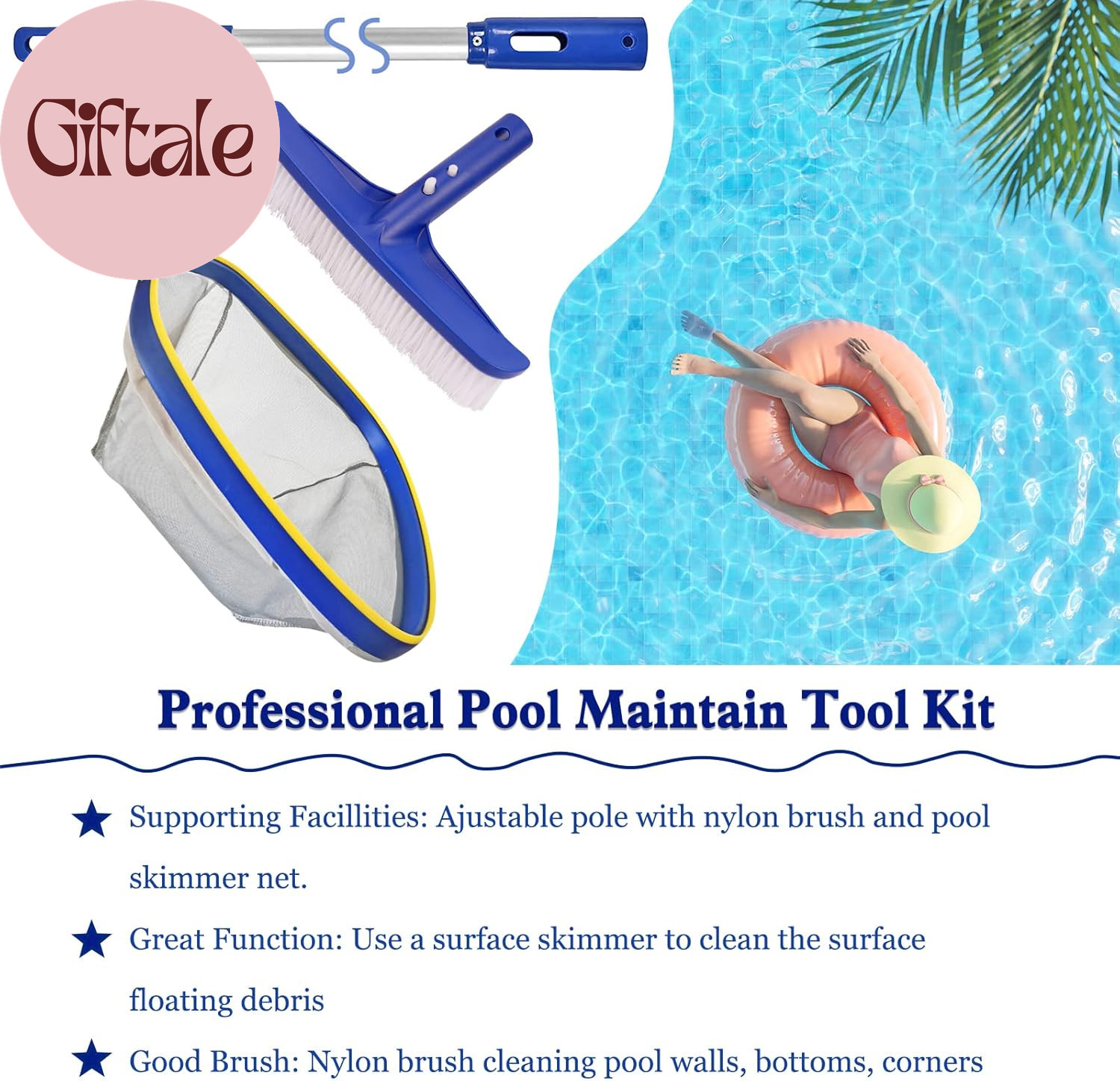 Swimming Pool Cleaning Kit, 14 » Brush Head & 50 » Telescopic Aluminum Pole with