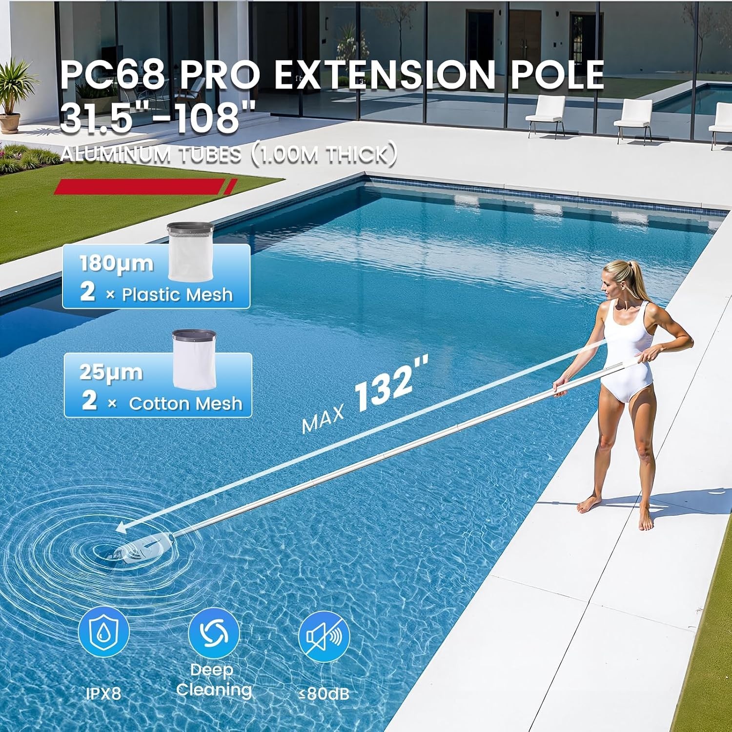 Rechargeable PC68 Pro Pool Vacuum – 1 Hour Runtime, Powerful Suction for Pools