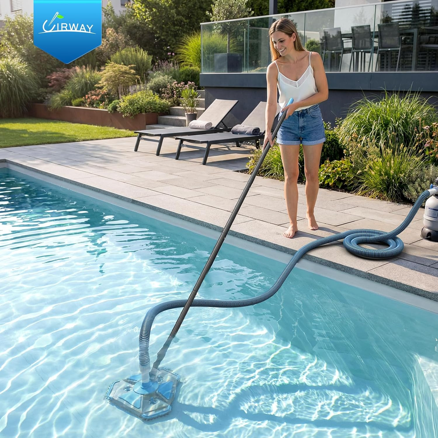 Professional Pool Vacuum Head and Hose, 360° Swivel Cuff 1-1/2&Prime; X 30 Ft Heavy Du