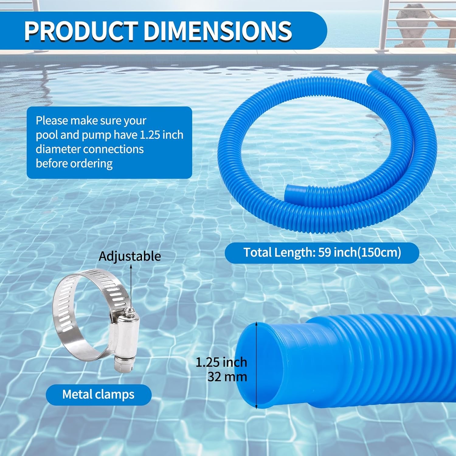 2 Pack 1.25&Prime; x 59&Prime; Pool Pump Hoses with Clamps for Intex Coleman Bestway Pools