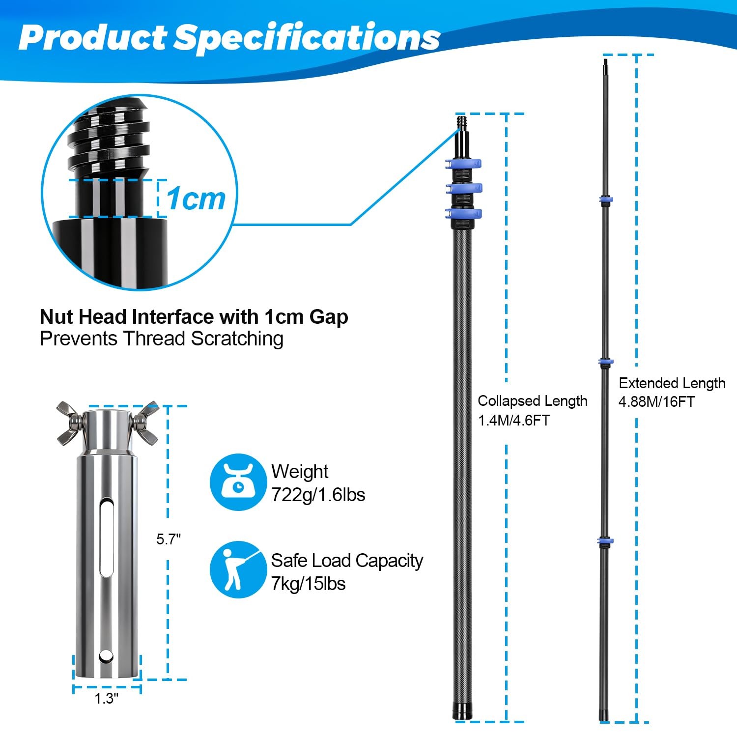 DOBEN Carbon Fiber Pool Pole, 16FT Heavy Duty Telescopic Pool Pole, Universal…