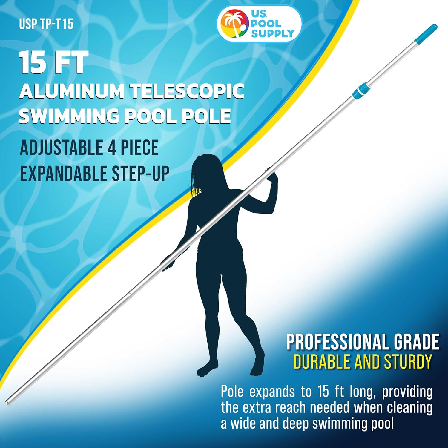U.S. Pool Supply Telescoping Pole 15-Foot Aluminum Pool Pole Telescopic Cleaning