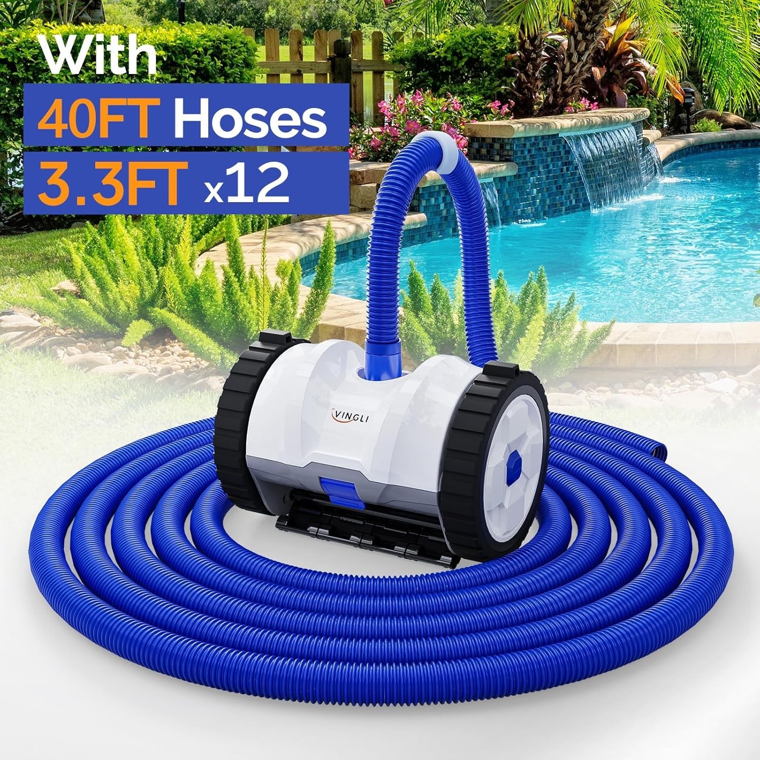 Automatic Pool Vacuum Cleaner Wall-Climbing Suction Pool Sweeper 40FT Hose