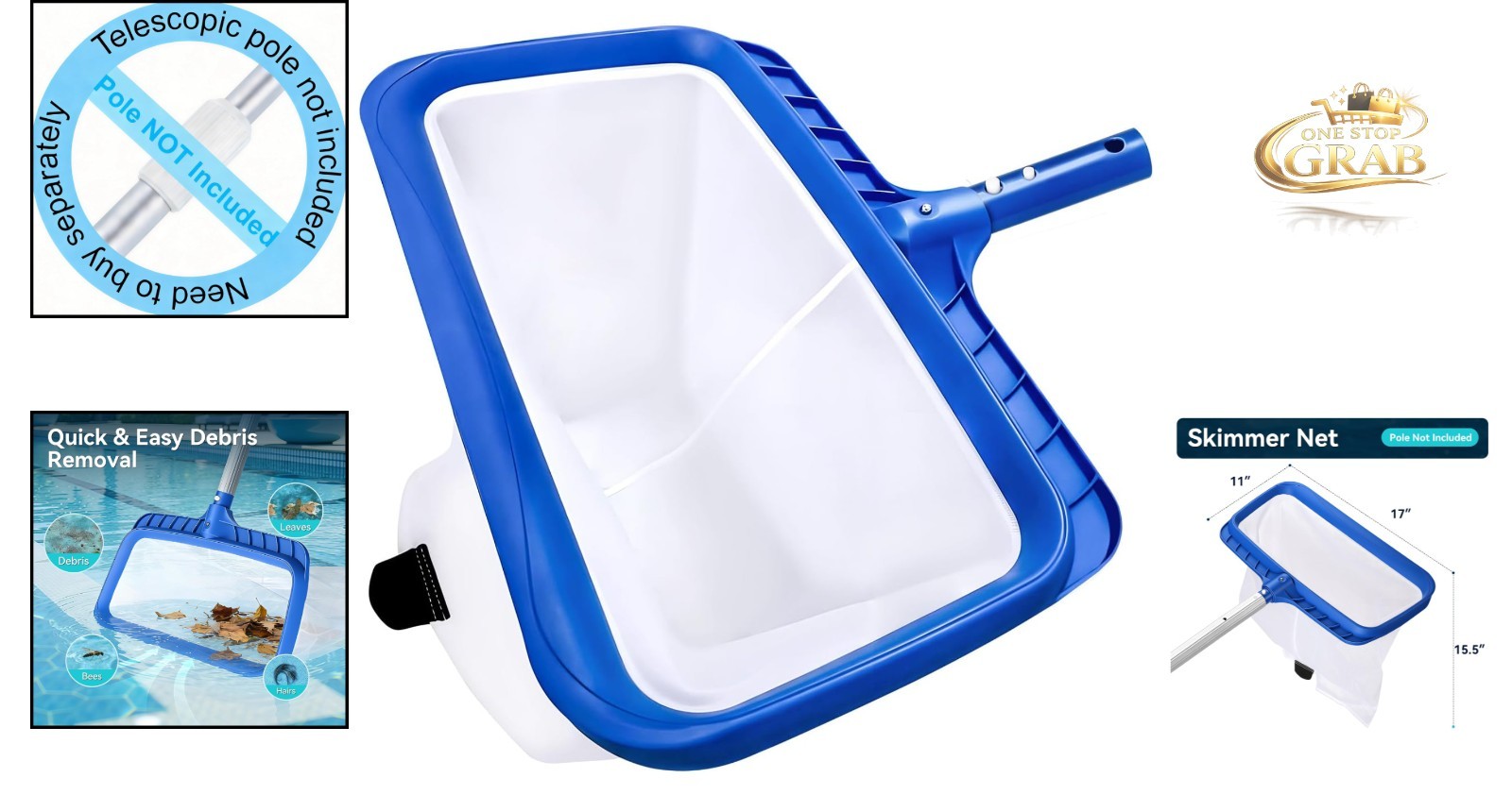 Heavy-Duty Pool Skimmer Net with Reinforced Frame & Fine Nylon Mesh 17&Prime;x11&Prime;