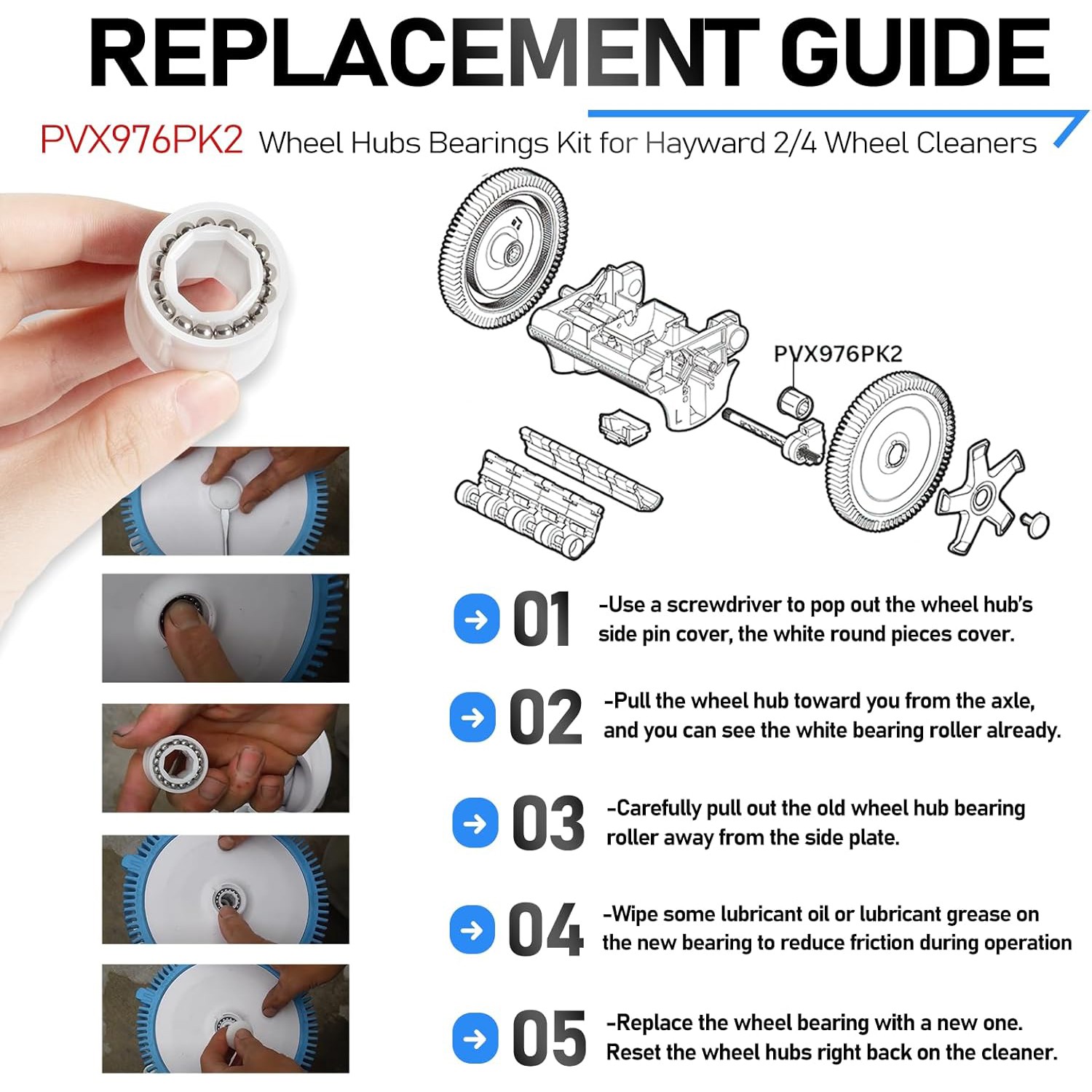 PVX976PK2 Wheel Bearings Repair Kit Replacement for Hayward AquaNaut 200,400,450