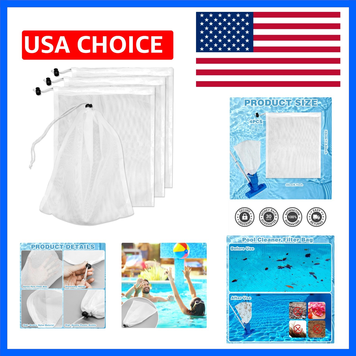 4Pcs Pool Vacuum Replacement Mesh Bag, Pool Leaf Vacuum Net Bag Fine Mesh wit…