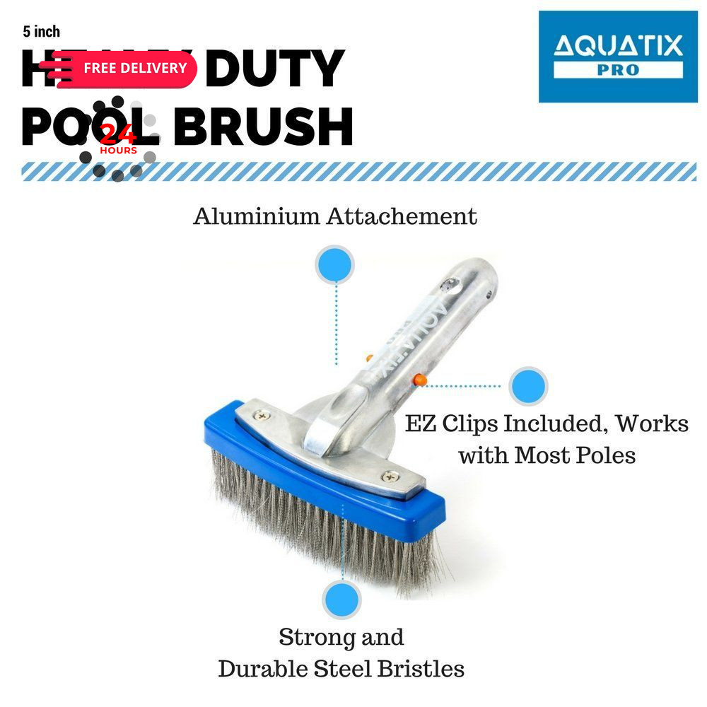 Aquatix Pro Heavy Duty 5&Prime; Pool Brush, Durable Stainless Steel 5&Prime;, Gray