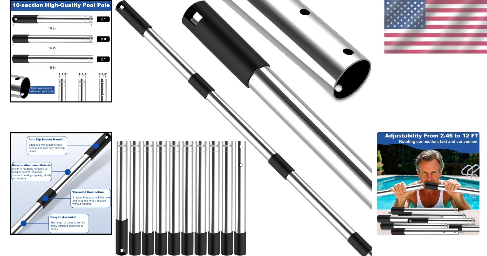 QNFANN Pool Pole Telescopic 12 Ft Heavy Duty, Professional Adjustable Stainle…