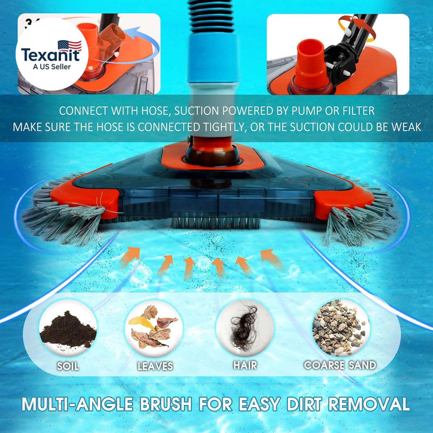 Pool Vacuum Head with Side Brush,Universal Steering Handle & Universal Rotatable