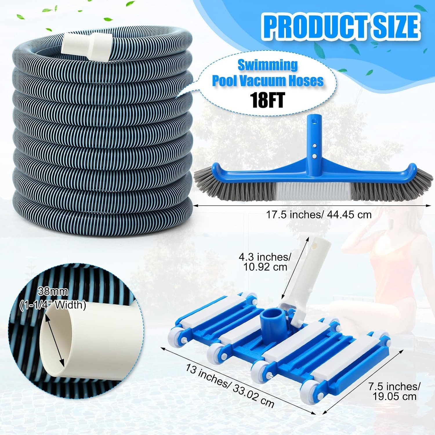 Pool Vacuum Head Kit 1-1/2&Prime; x 30ft Hoses Wheel Style Swimming Pool Vacuum Kit