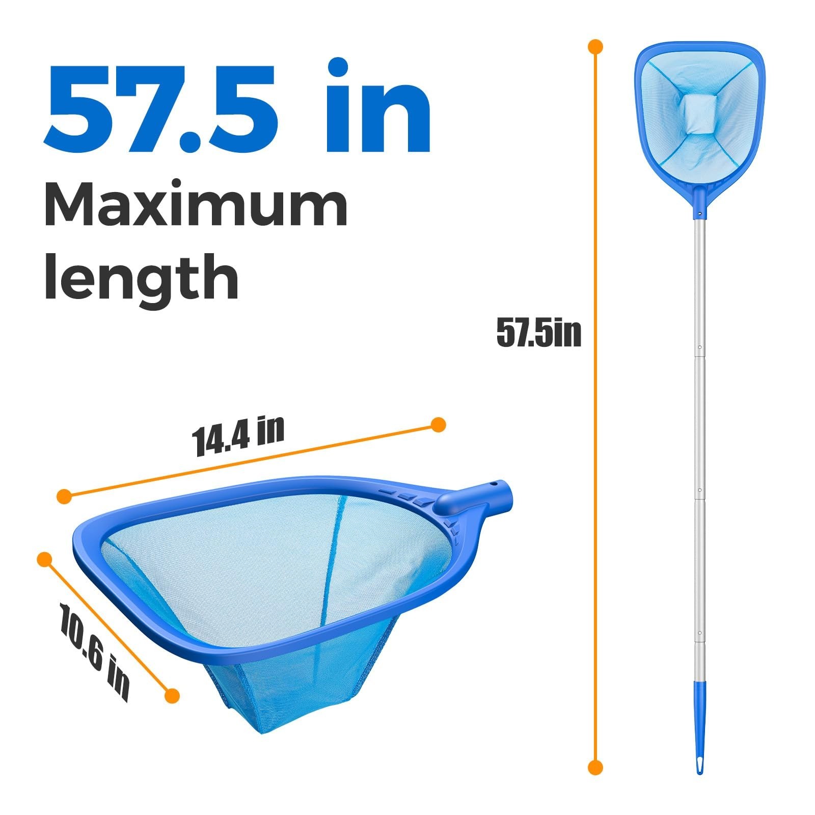 Aluminum Pool Skimmer 4 Section Pole, Fast Cleaning Net 57&Prime;, Blue