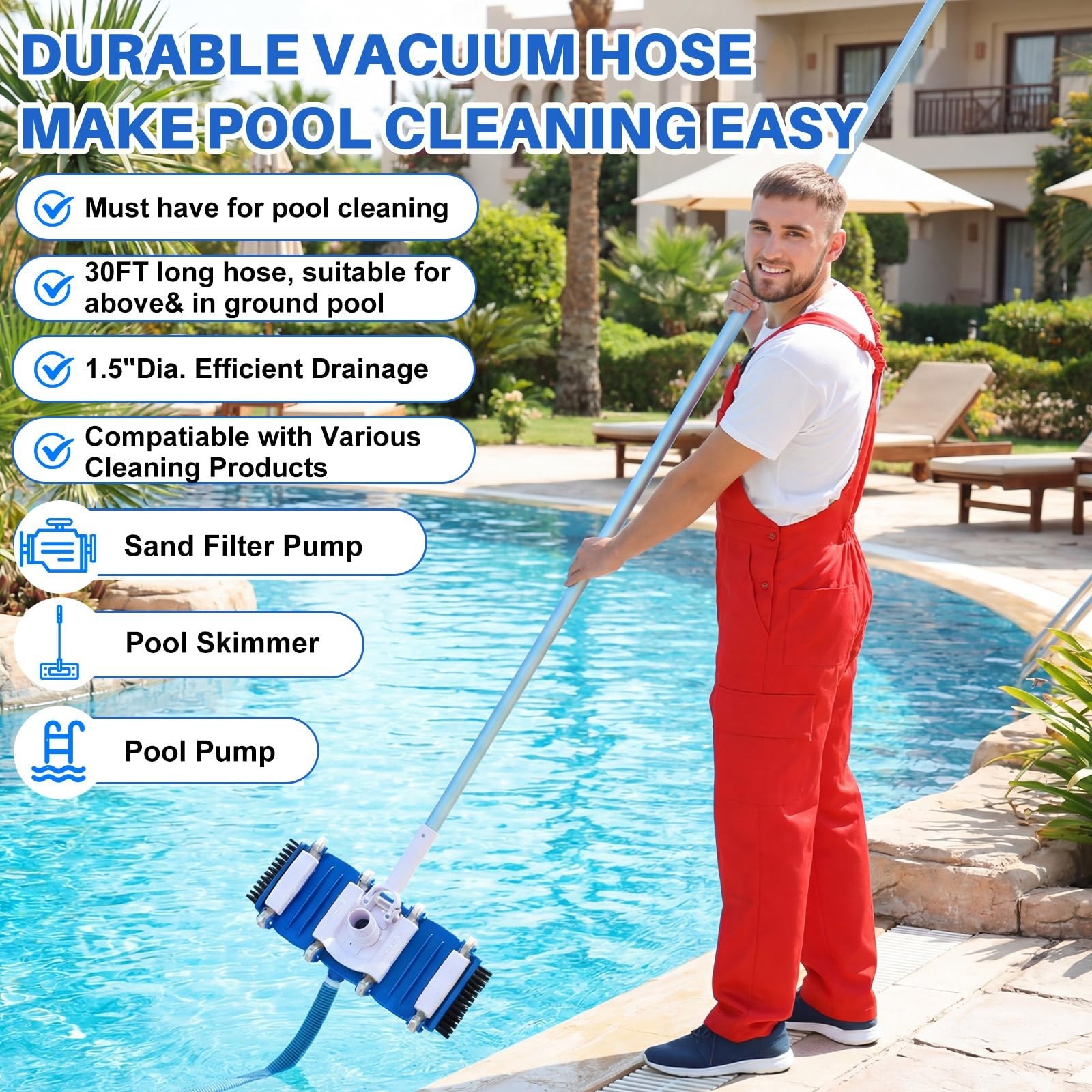 4 Pcs Pool Cleaning Kit – Vacuum Head, 30ft Hose, Flexible Brush & Pole for Ingr
