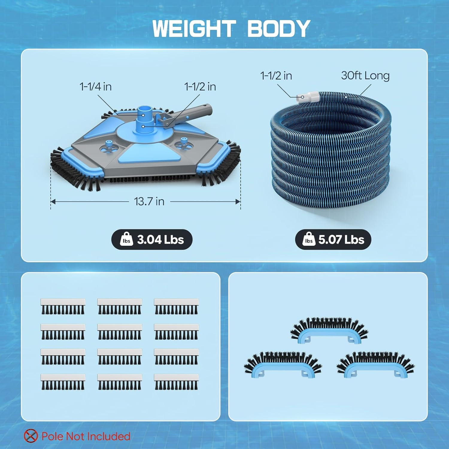 Professional Pool Vacuum Head and Hose, 360° Swivel Cuff 1-1/2&Prime; X 30 Ft Heavy Du