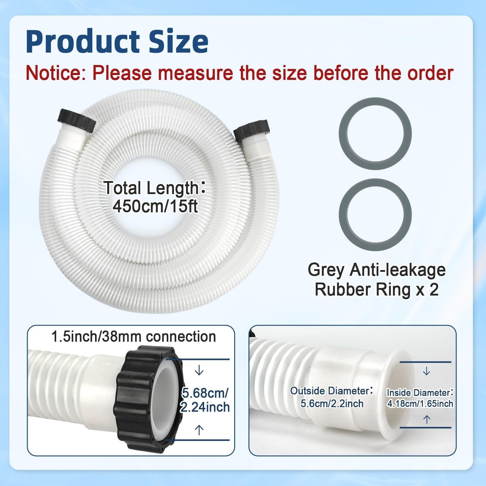 Conderyang 15Ft 1 1/2 Pool Hose For Above Ground Pools Long Pool Pump