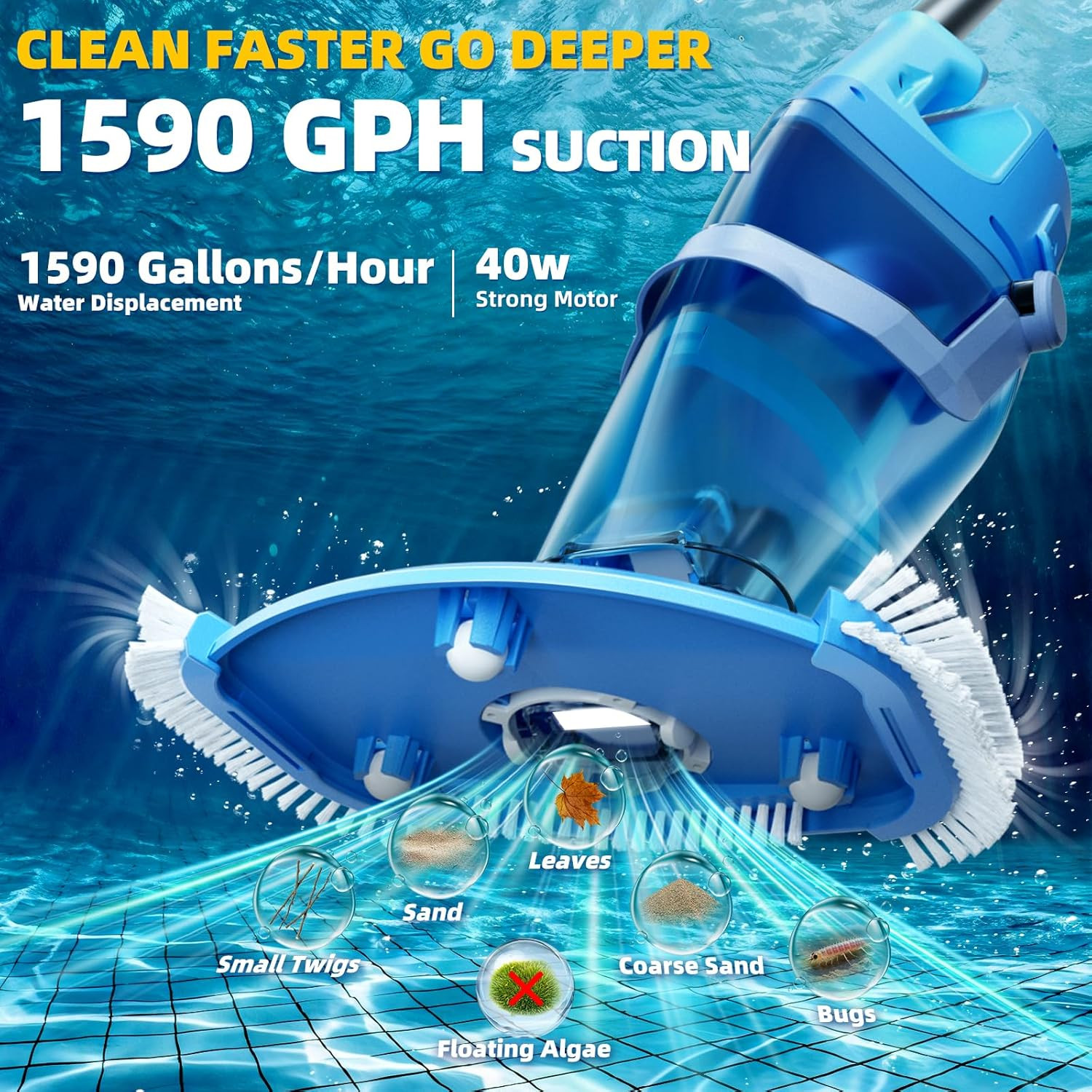 Cordless Pool Vacuum above & Inground Pools, Powerful 1590 GPH Suction,Handheld
